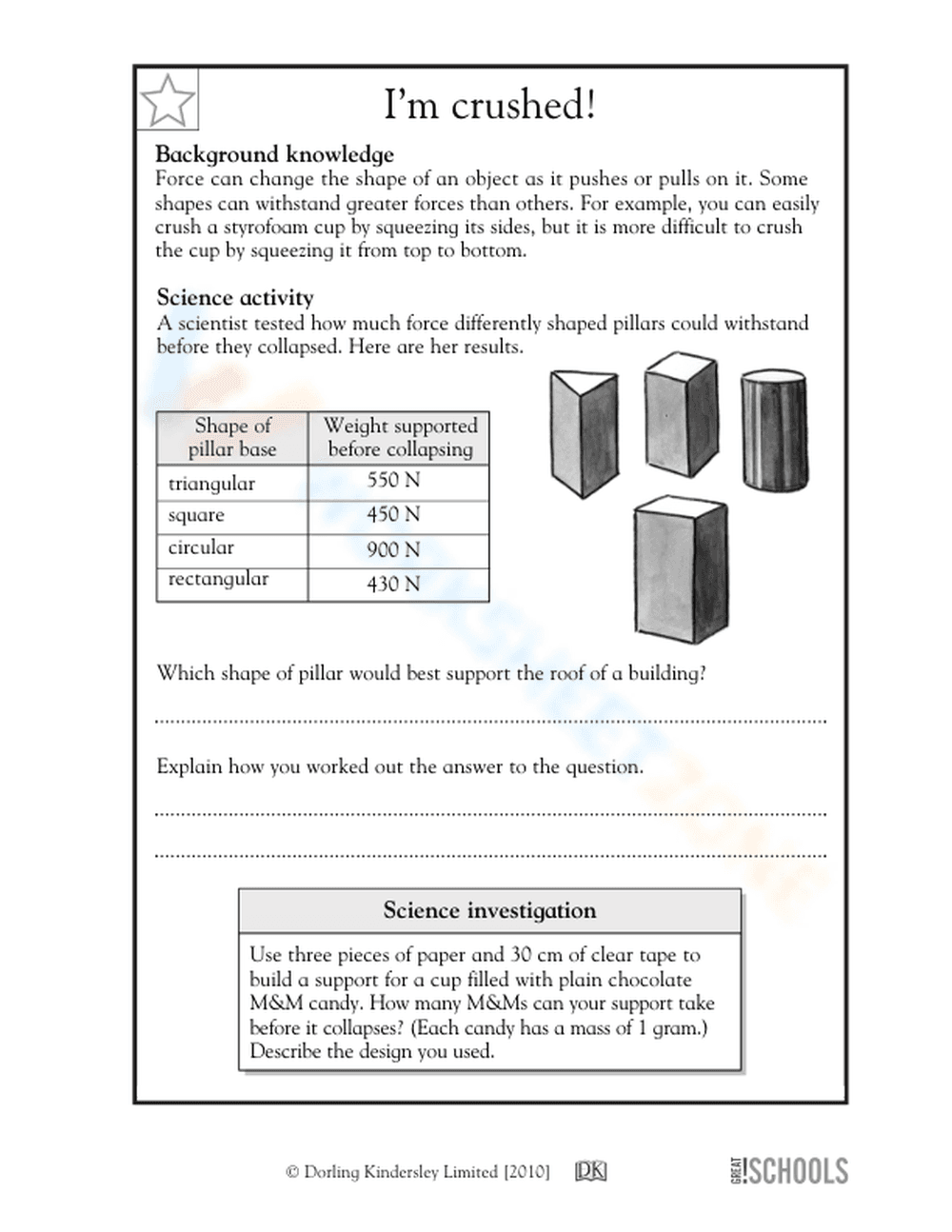 Essential Grade 5 Force and Pillars Science Worksheet - Page 1