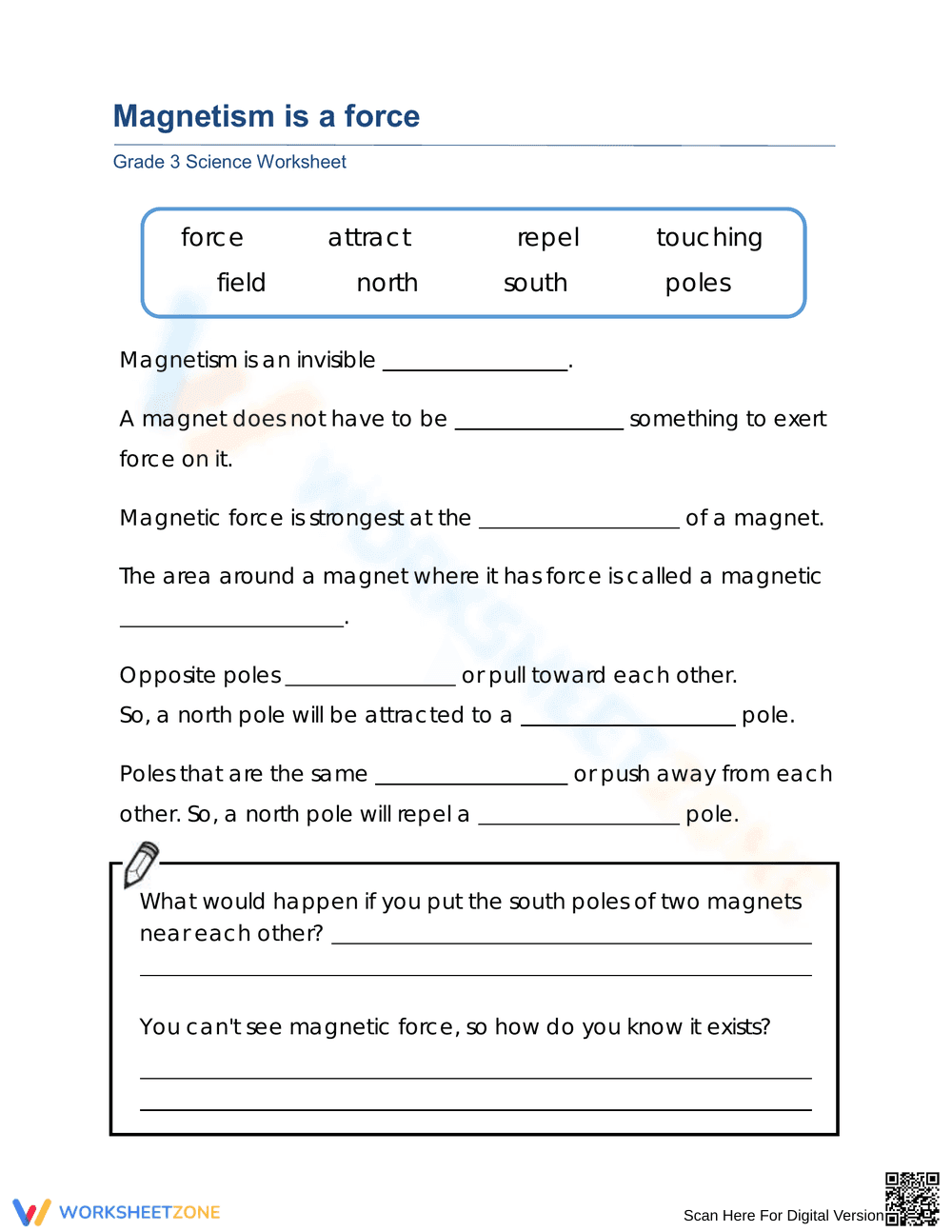 Grade 3 Magnetism — Printable No-Prep Worksheet - Page 1
