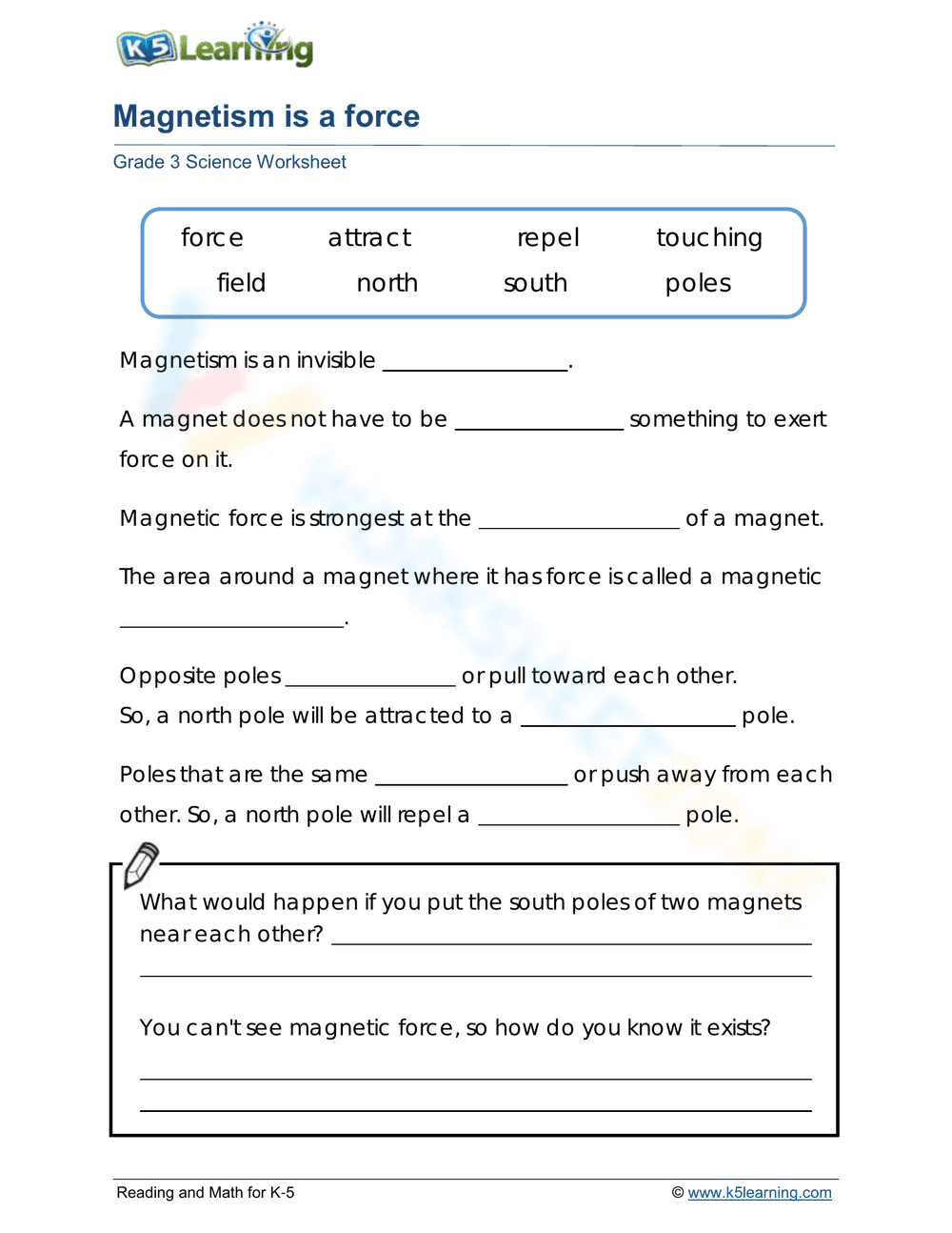 Grade 3 Magnetism — Printable No-Prep Worksheet - Page 1