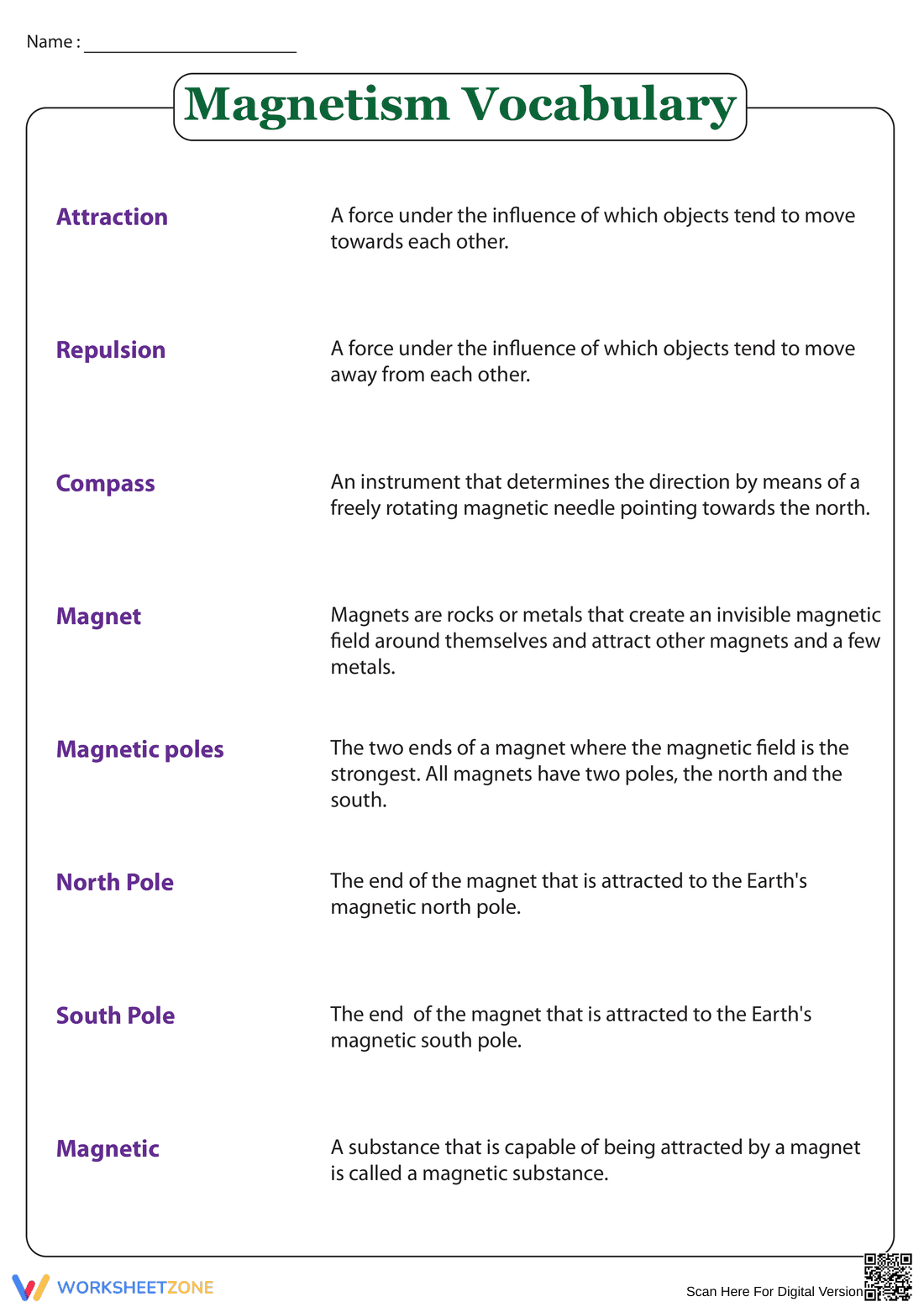 Printable Magnetism Vocabulary Sheet | Grades 3-4 Science - Page 1