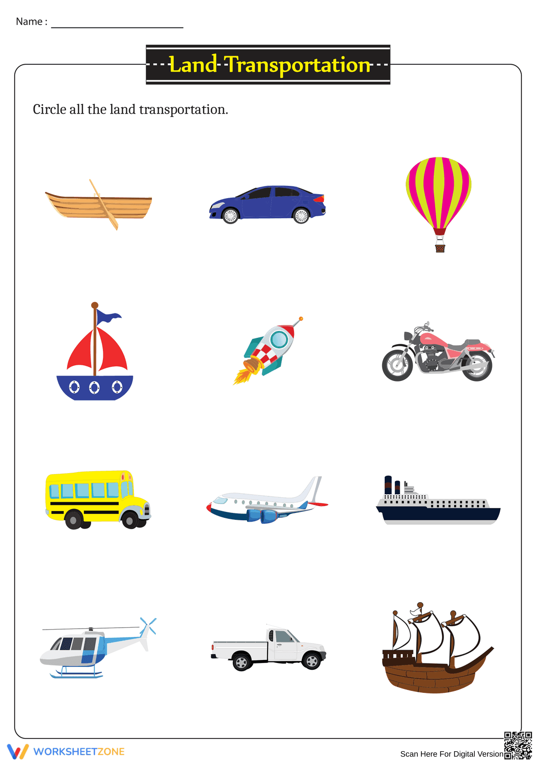 Essential Land Transportation Worksheet | Kindergarten Ready - Page 1