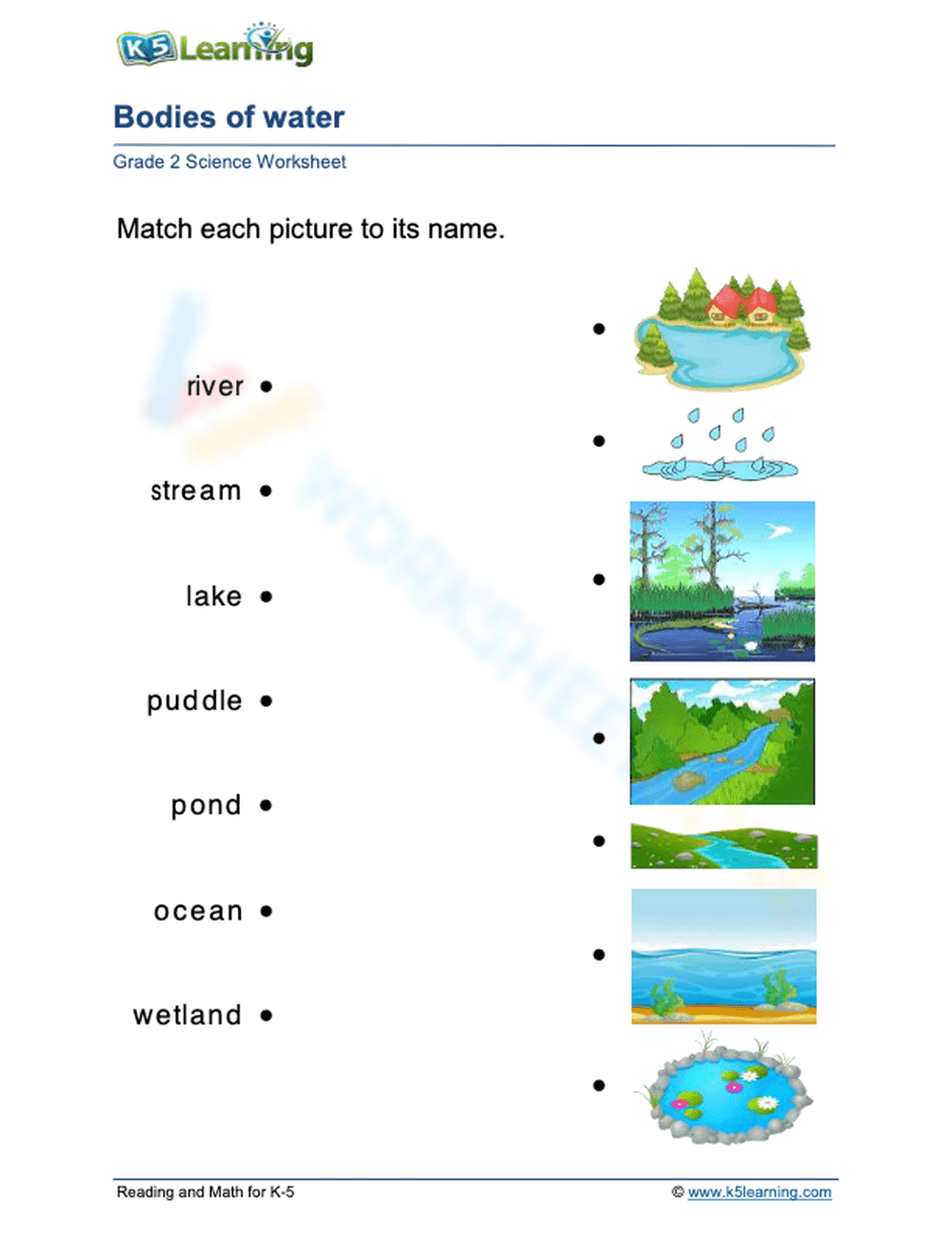 Grade 2 Bodies of Water — Essential No-Prep Worksheet - Page 1