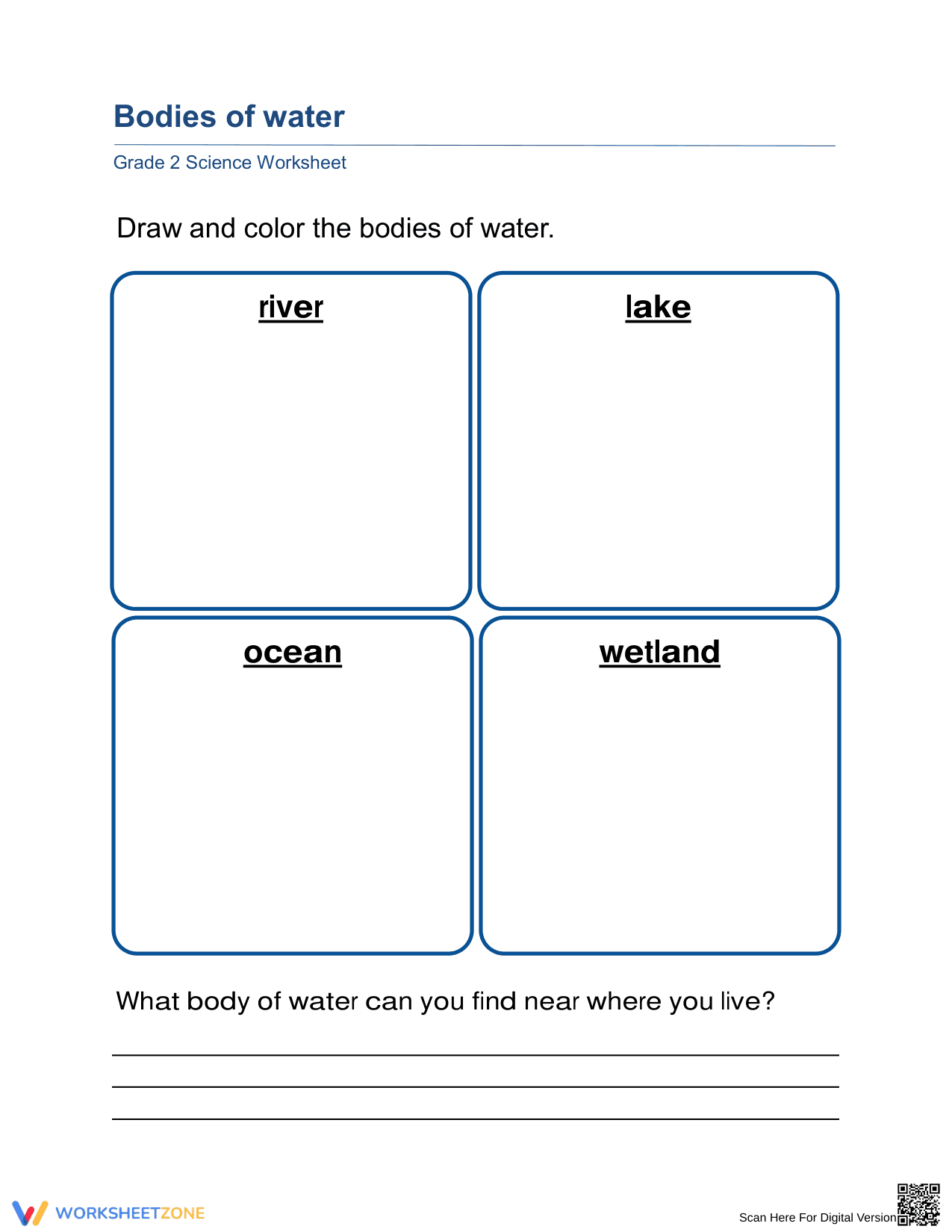 Printable Bodies of Water Worksheet | Grade 2-3 Science - Page 1