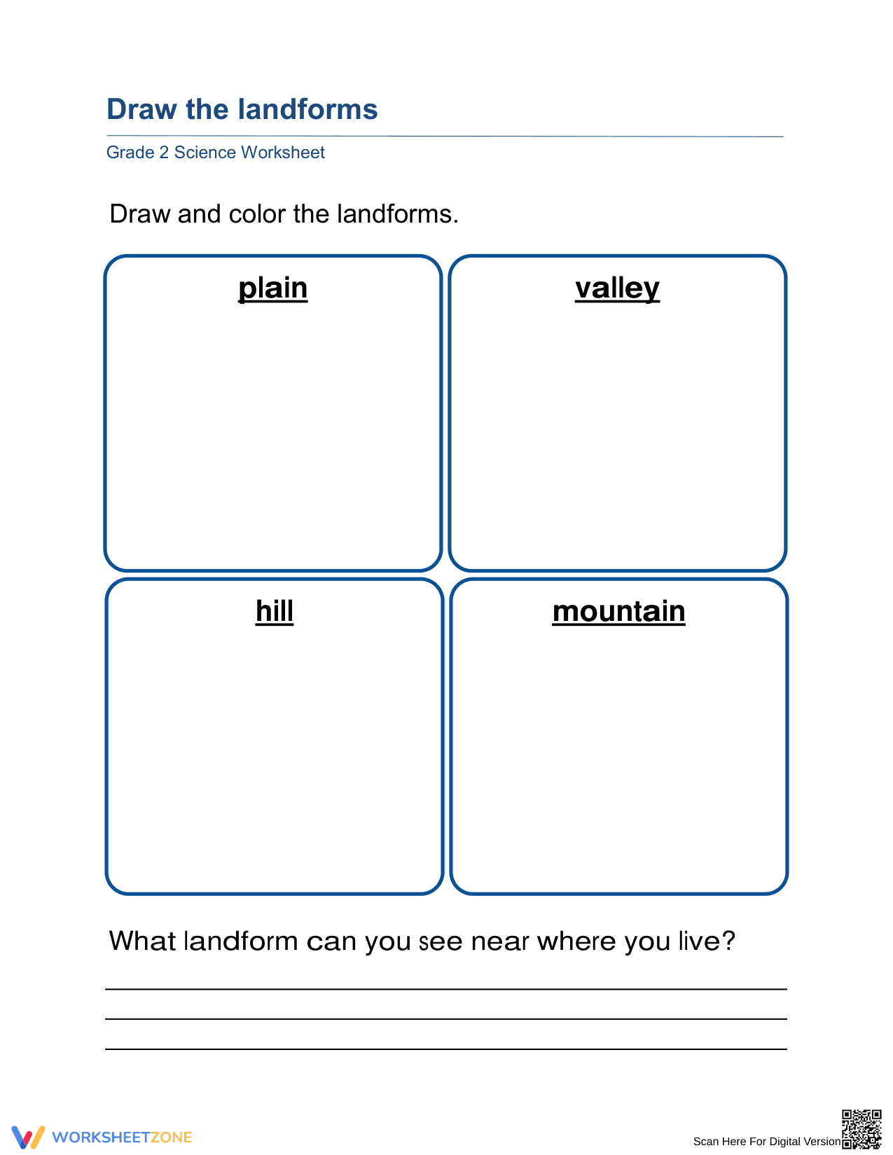 Essential Landforms Drawing Worksheet | Grade 2-3 Science - Page 1