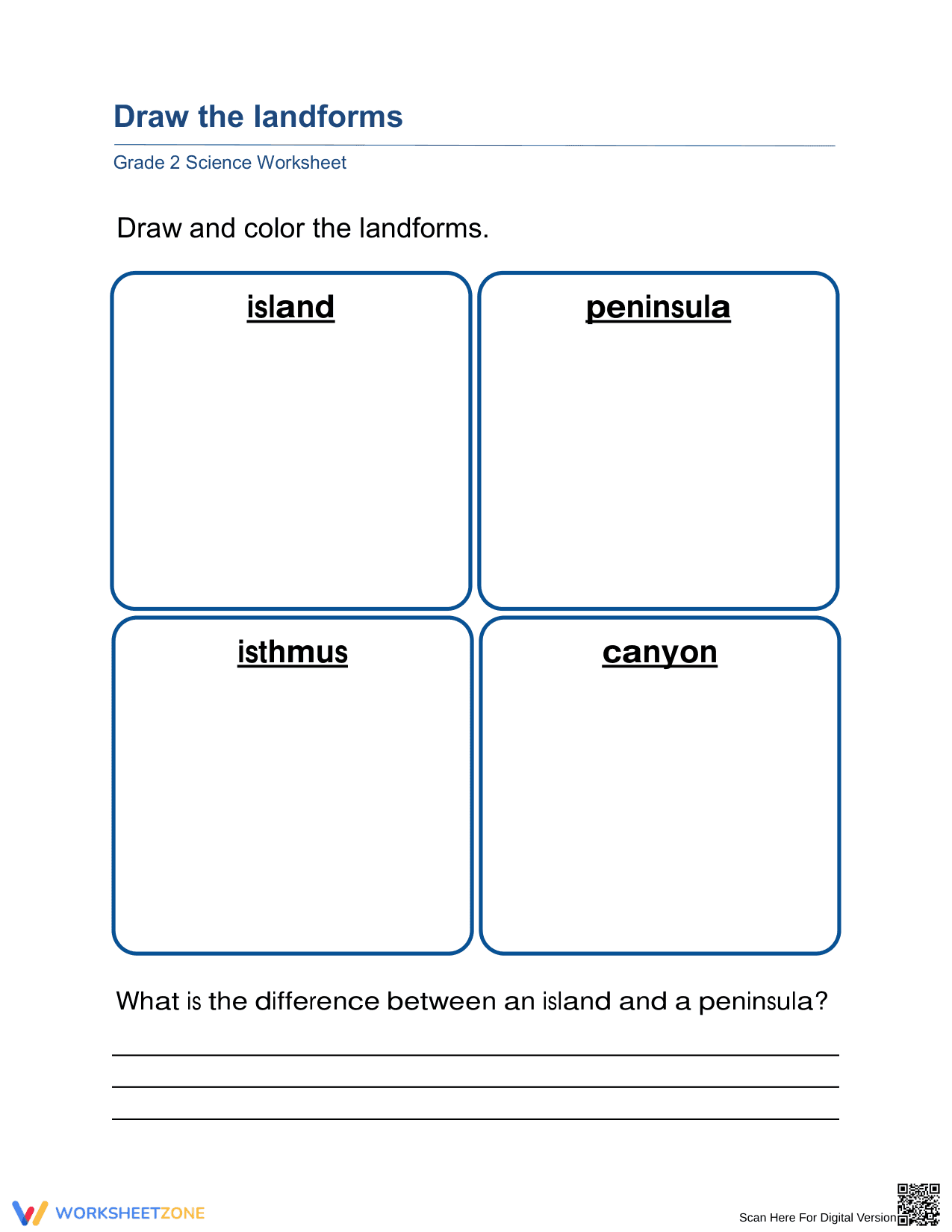 Printable Grade 2 Landforms Worksheet: Draw & Compare - Page 1