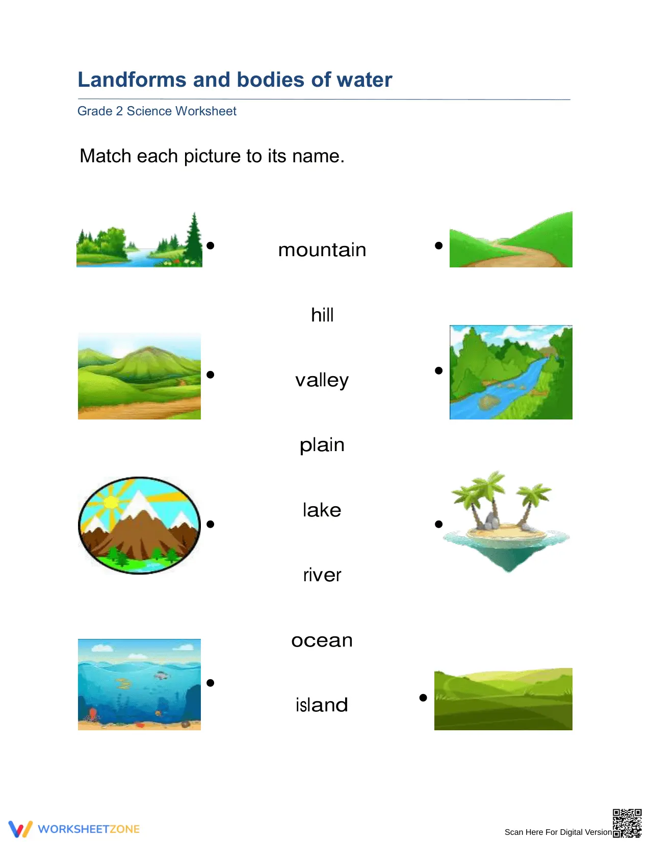 Essential Landforms and Water Bodies Worksheet | Grade 2-3 - Page 1