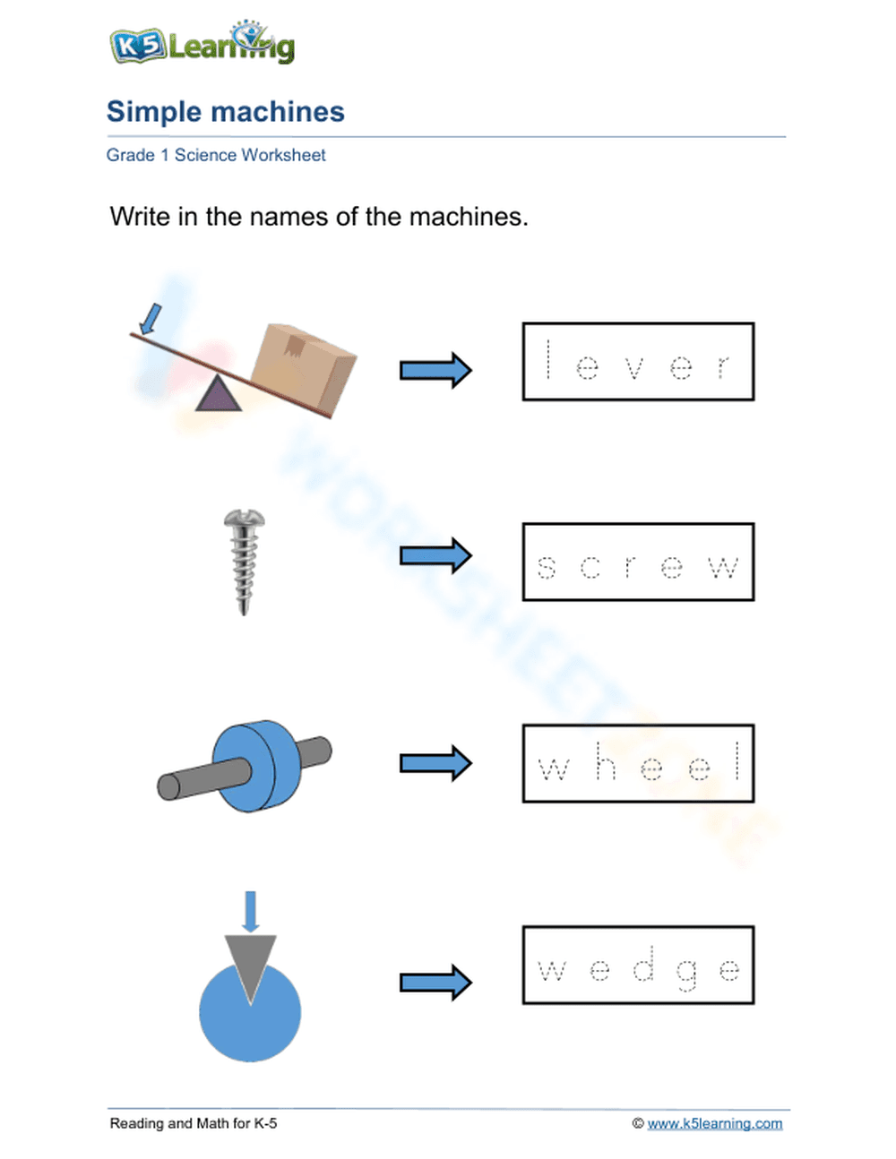Printable Simple Machines Tracing Worksheet | Grade 1-2 - Page 1