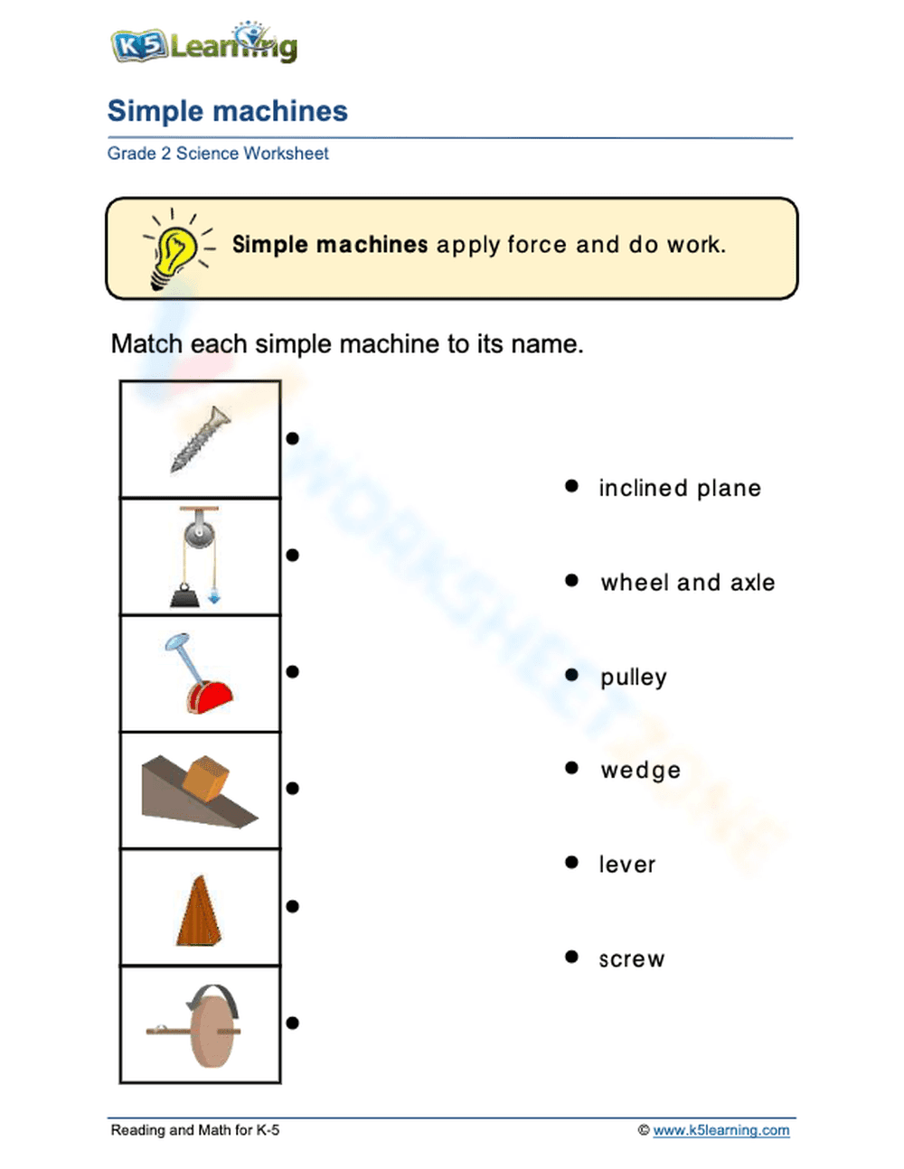 Simple Machines Matching Worksheet | Grade 1 Essential - Page 1