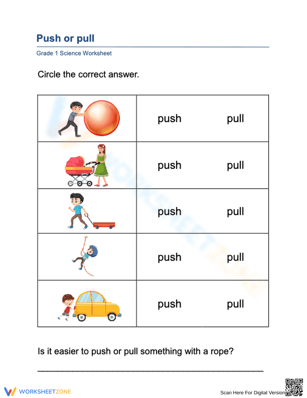 Grade 1 Push or Pull Science — Essential No-Prep Worksheet - Page 1