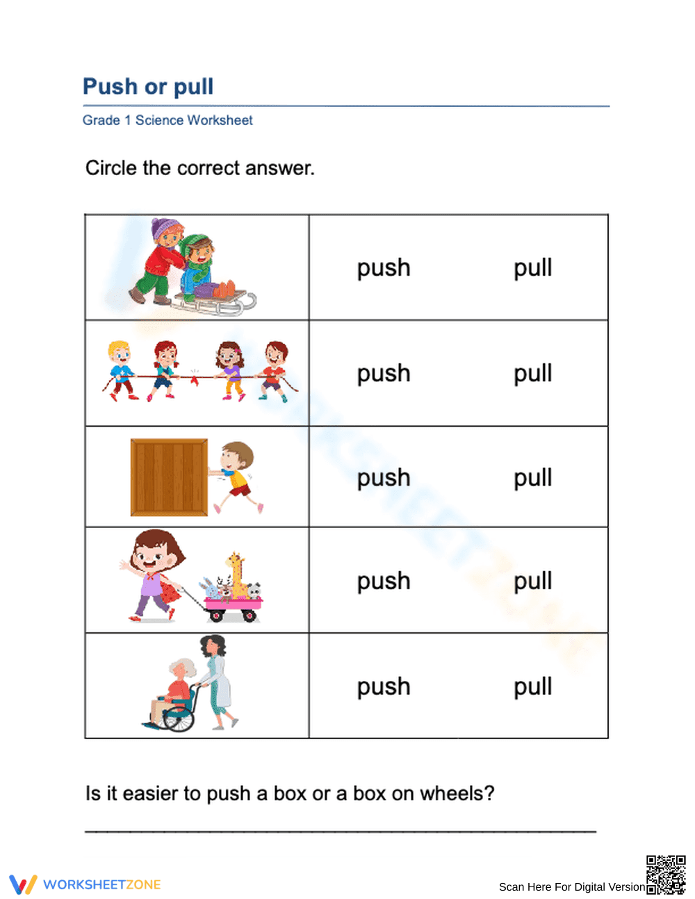 Grade 1 Push or Pull Worksheet | Essential Science Ready - Page 1