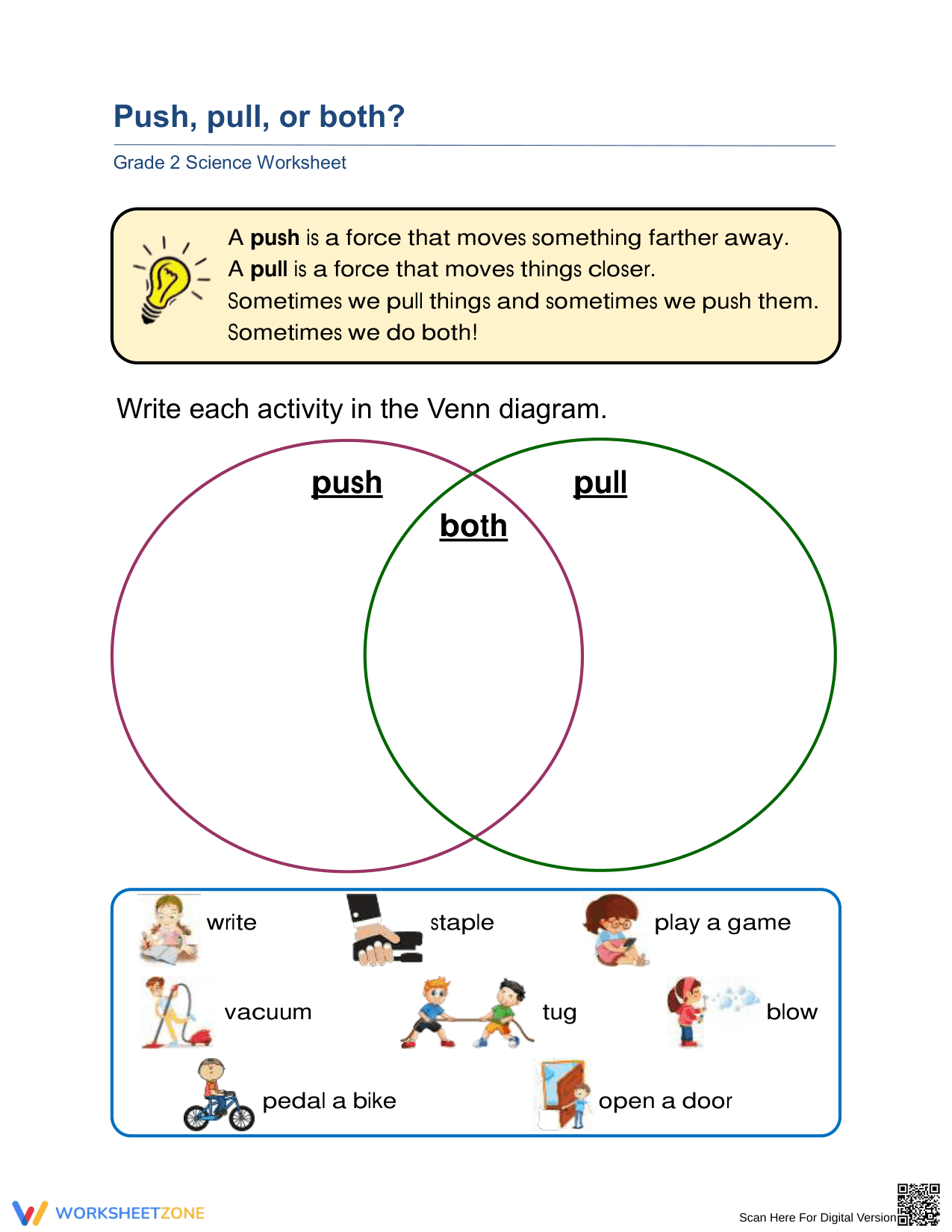 Grade 2 Push and Pull Forces — Printable No-Prep Worksheet - Page 1