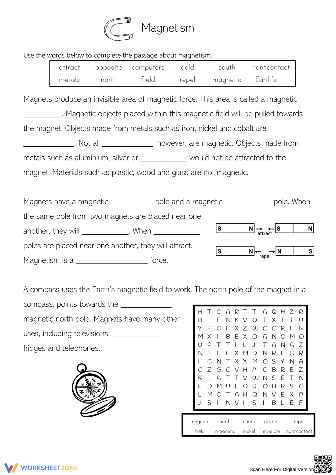 Magnetism Fill-in-the-Blanks Science Worksheet - Page 1