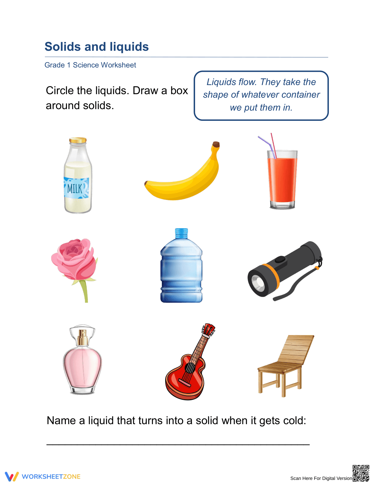 Essential Solids and Liquids Worksheet | Grade 1-2 Science - Page 1