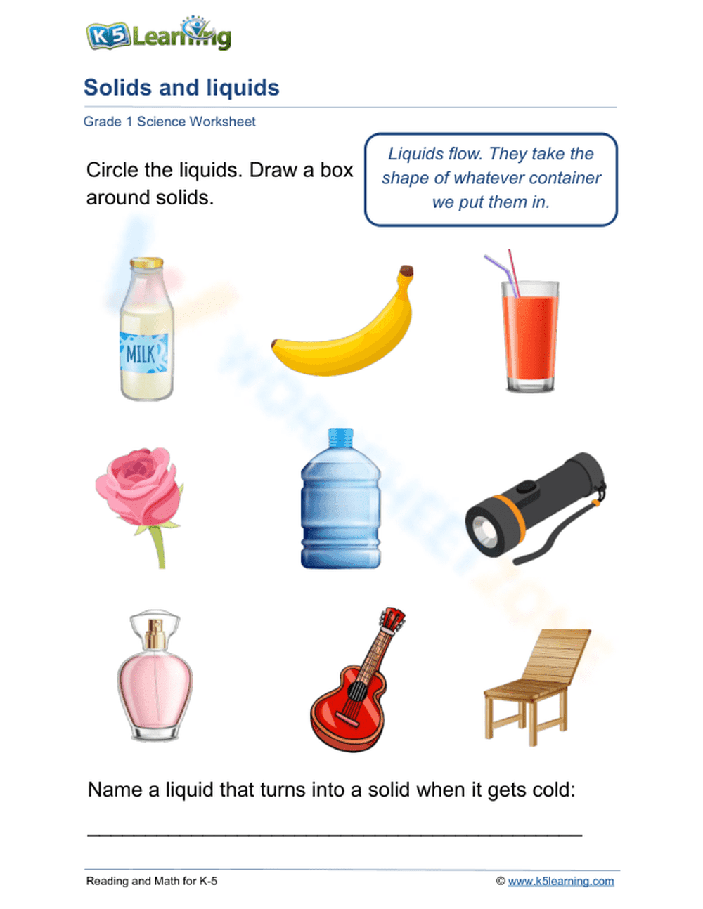 Essential Solids and Liquids Worksheet | Grade 1-2 Science - Page 1