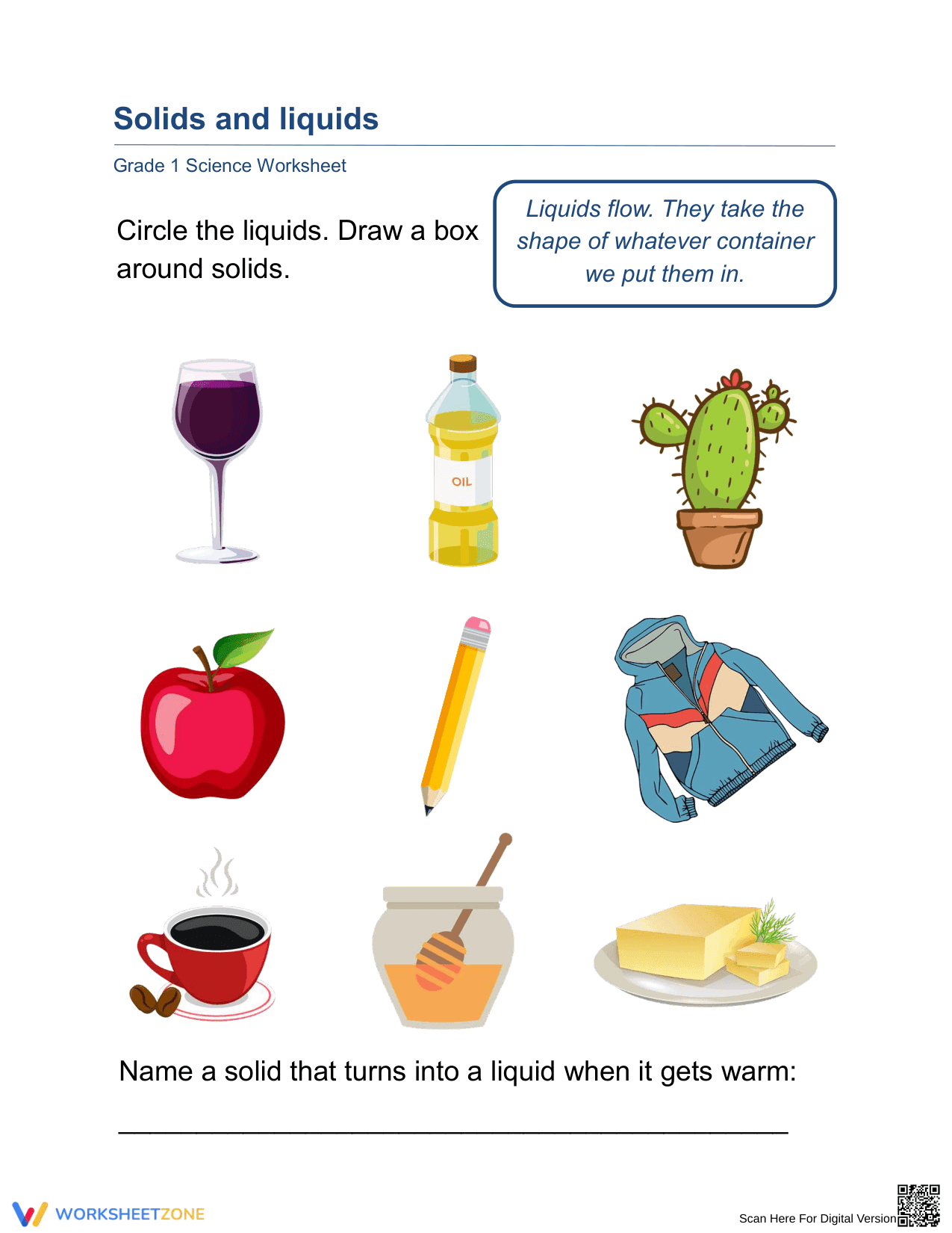 Printable Grade 1 Solids and Liquids Science Worksheet - Page 1