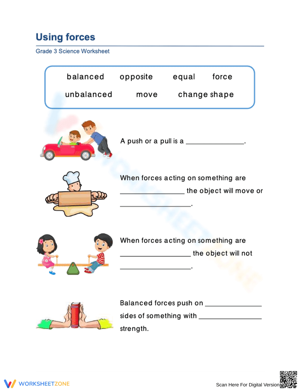 Essential Grade 1 Forces Worksheet: Pushes and Pulls - Page 1
