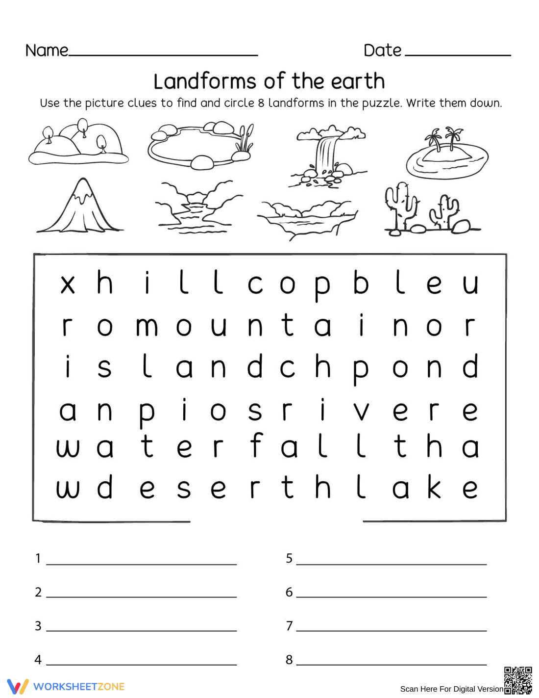 Printable Landforms of the Earth Word Search | Grades K-2 - Page 1
