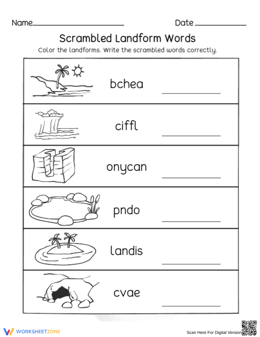 Essential Kindergarten Landform Words Science Worksheet - Page 1