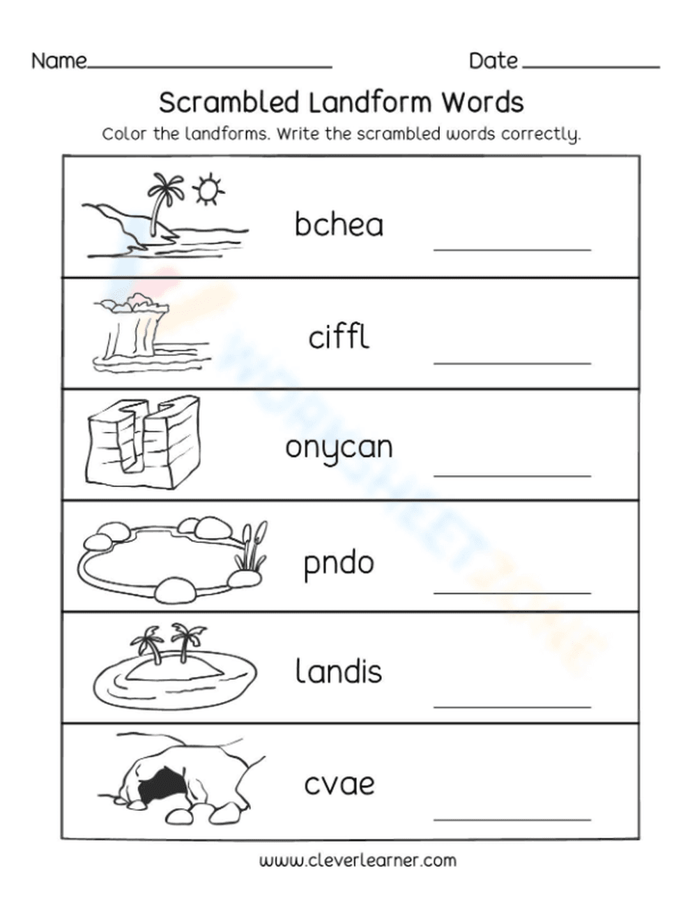 Essential Kindergarten Landform Words Science Worksheet - Page 1