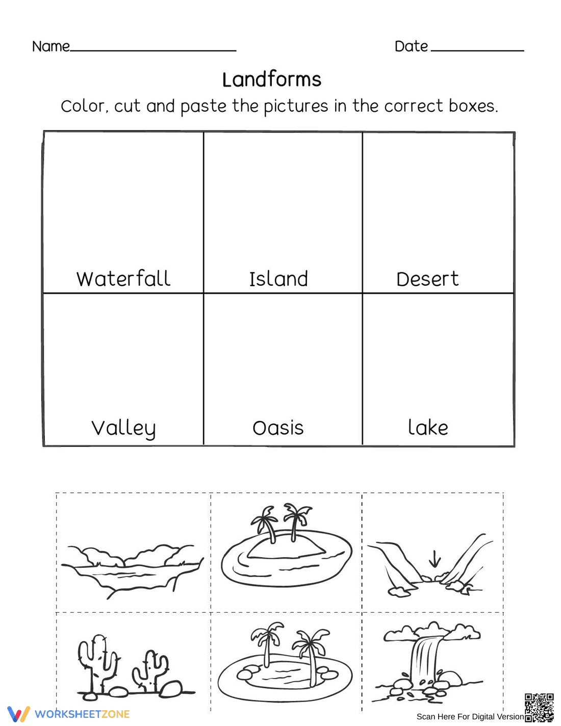 Essential Landforms Worksheet | Grades K-2 Printable - Page 1