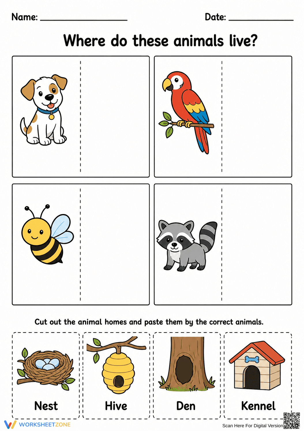 Animal Habitats Cut and Paste | Printable Grade K Science - Page 1