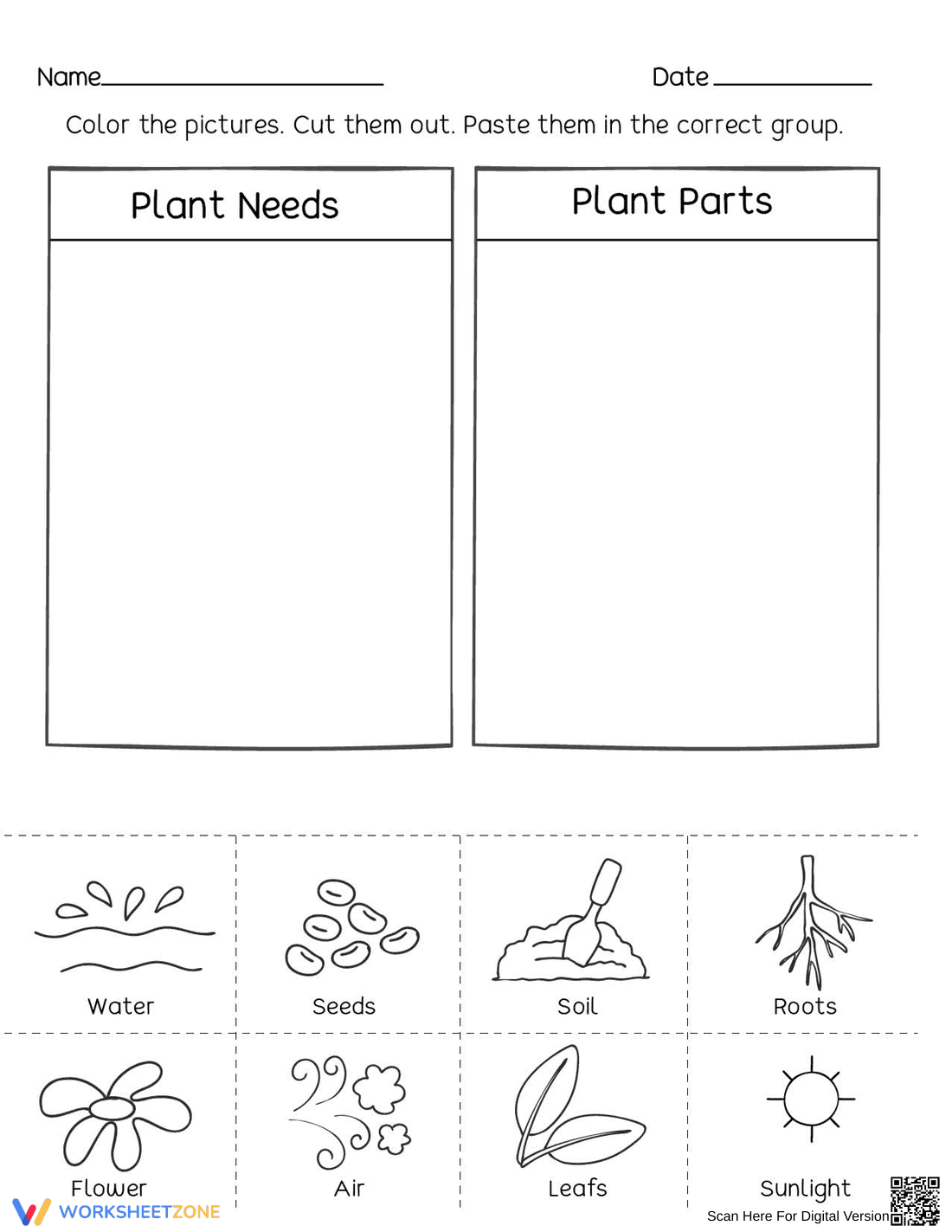 Essential Grade 1 Plant Needs and Parts Printable Worksheet - Page 1