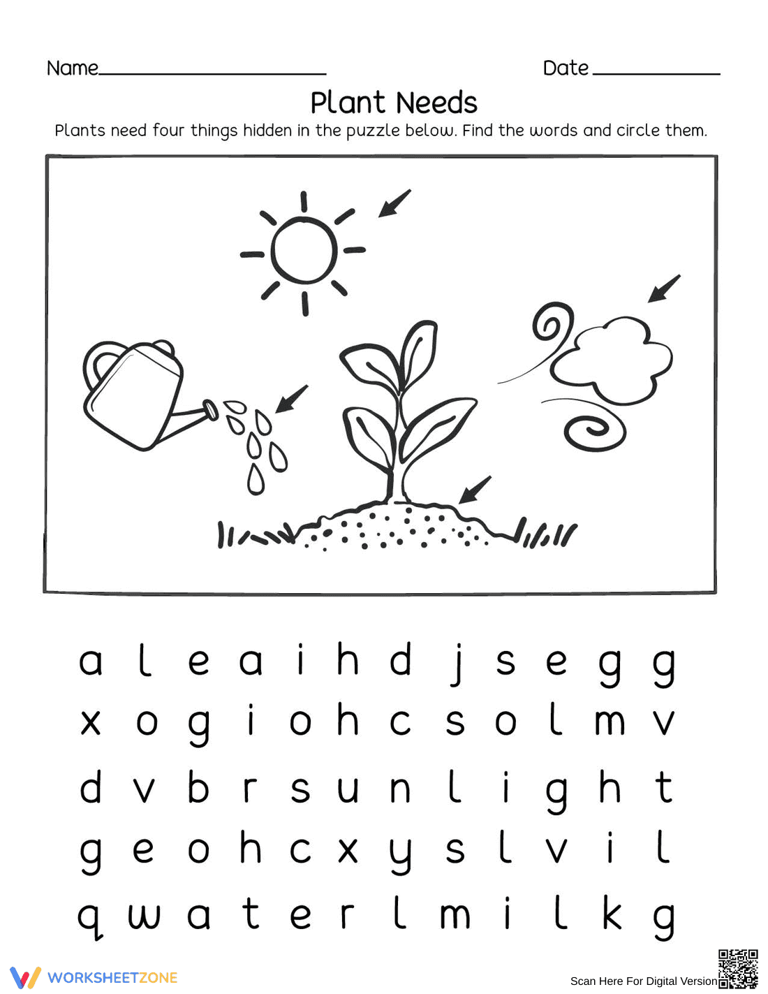 Printable Plant Needs Puzzle Worksheet | Grade K-1 Science - Page 1