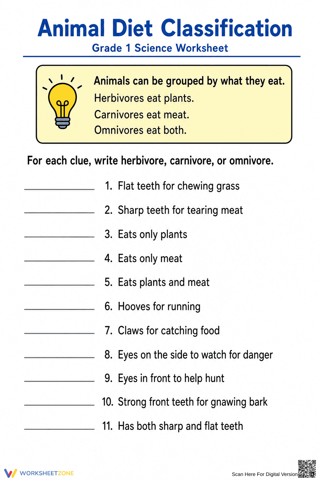 Essential Grade 1 Animal Diet Classification Worksheet - Page 1