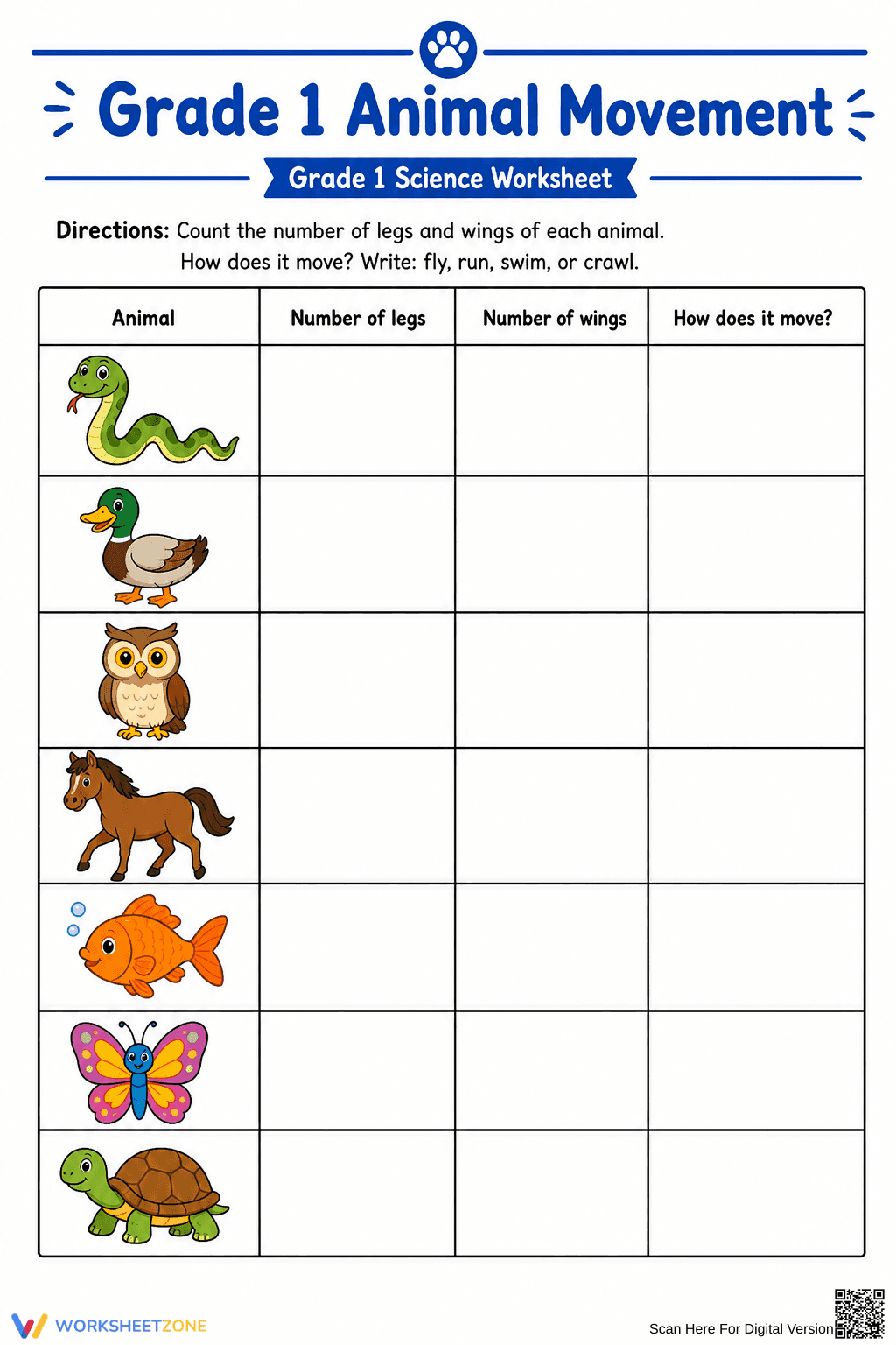 Printable Animal Movement Worksheet | Grade 1 Science - Page 1