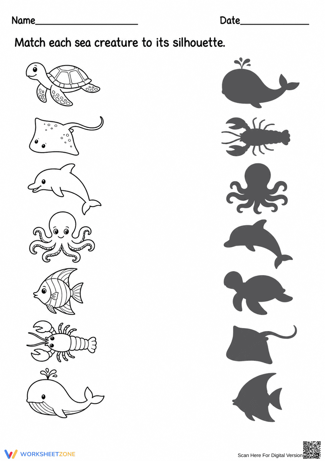 Printable Sea Creature Silhouette Match | Preschool Science - Page 1
