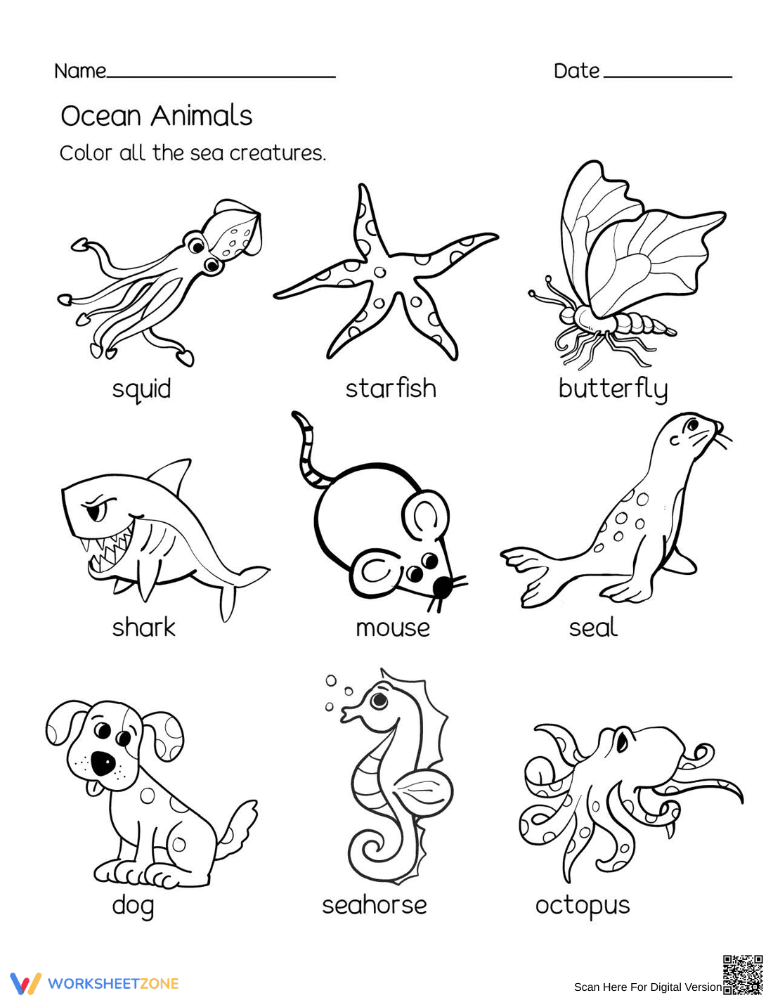 Essential Ocean Animals Worksheet | Kindergarten Science - Page 1