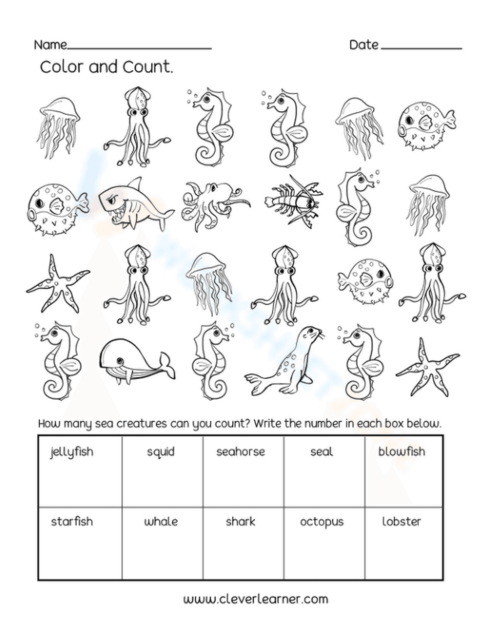 Printable Ocean Animals Counting Worksheet | Grade K - Page 1