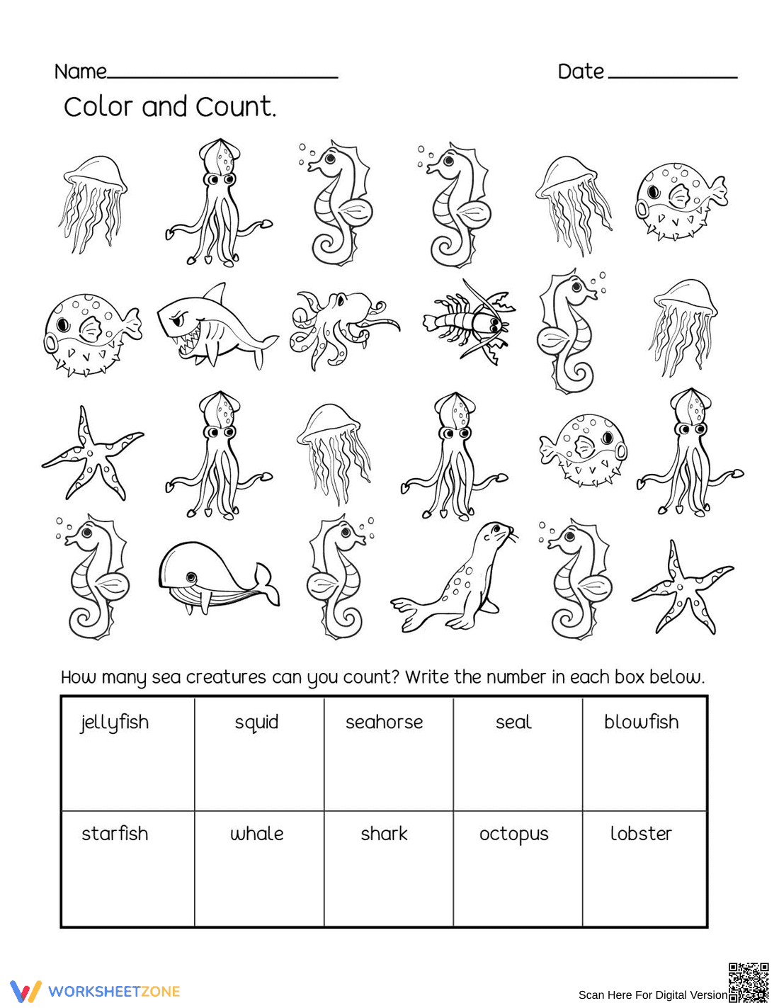 Printable Ocean Animals Counting Worksheet | Grade K - Page 1