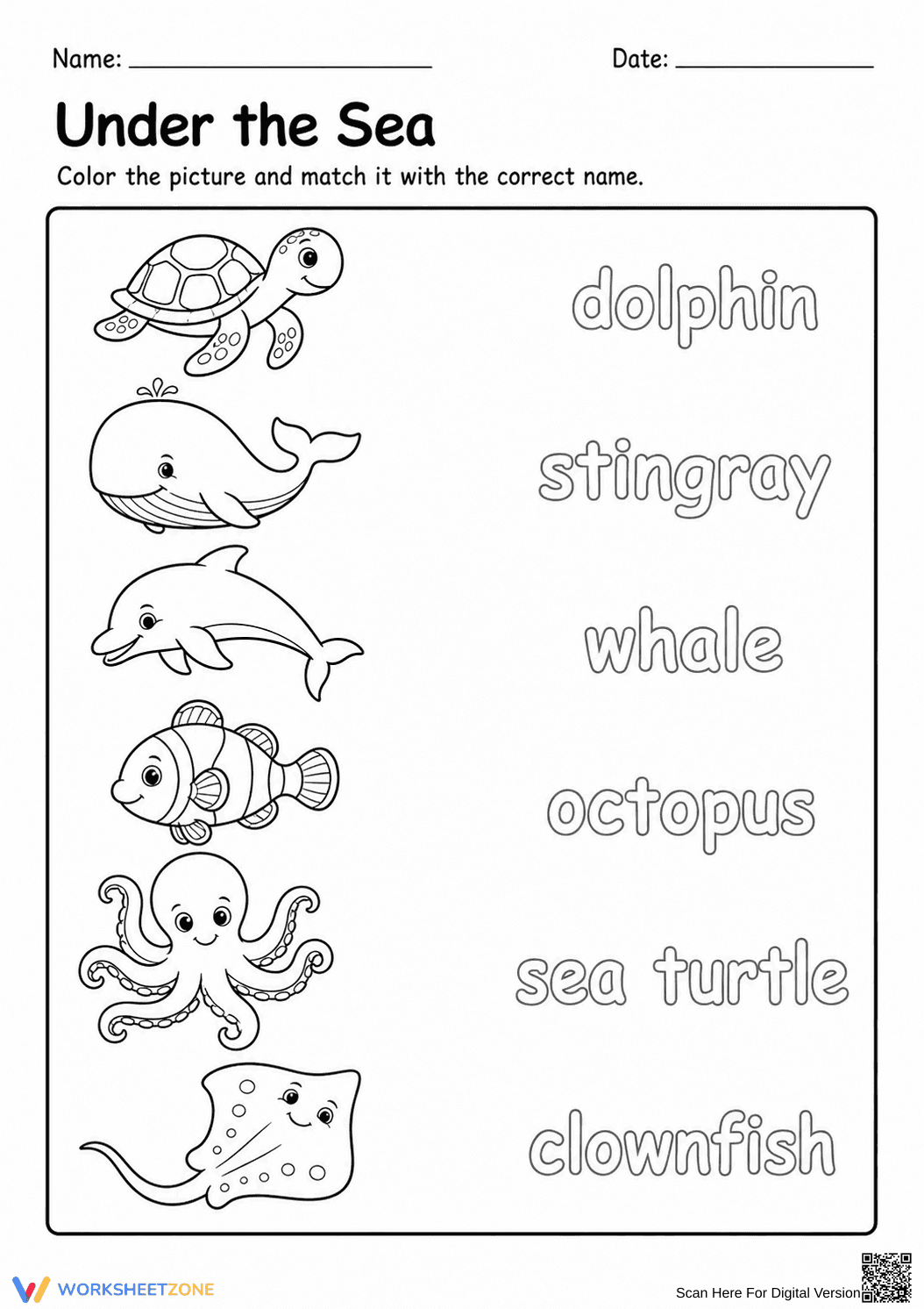 Grade K Ocean Animals — Printable No-Prep Worksheet - Page 1