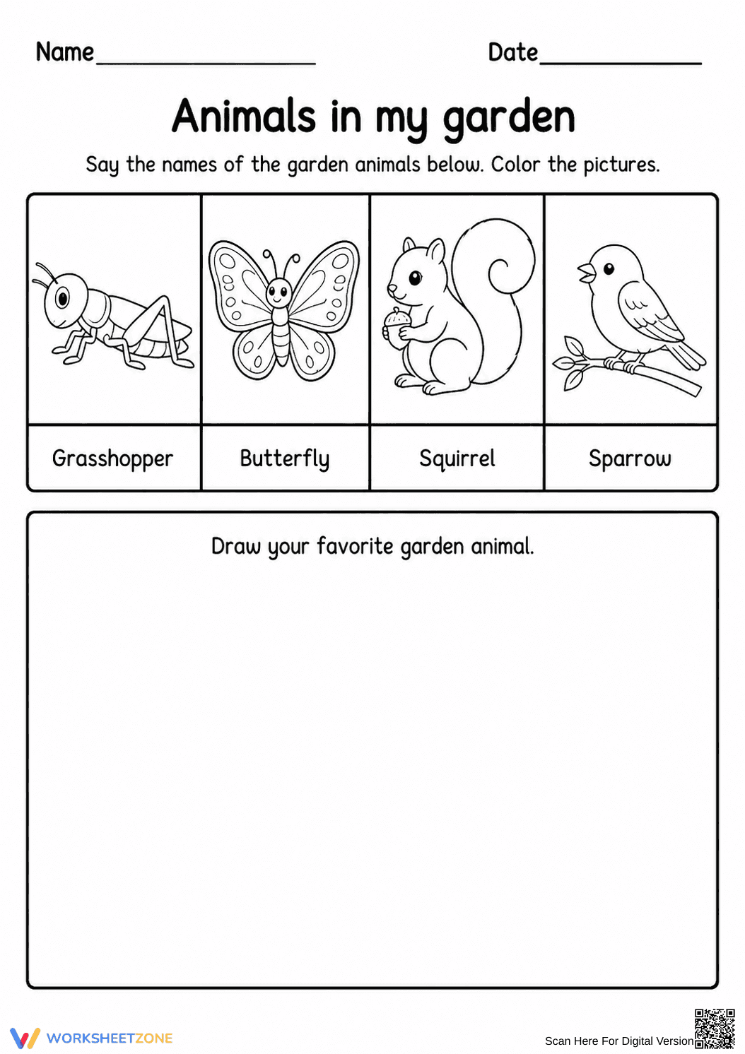 Grade K-1 Garden Animals — Printable No-Prep Worksheet - Page 1