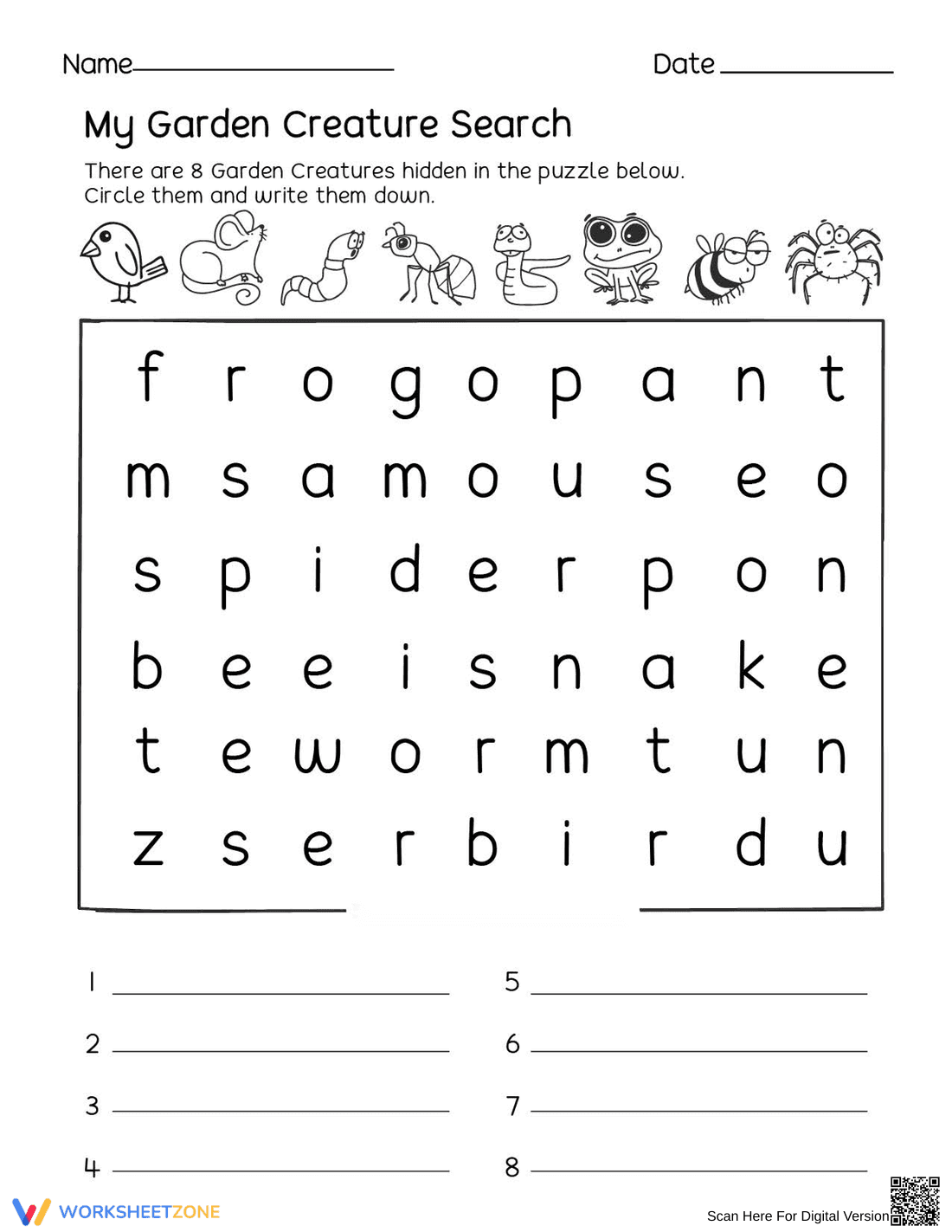 Printable Garden Creature Search Worksheet | K-1 Science - Page 1