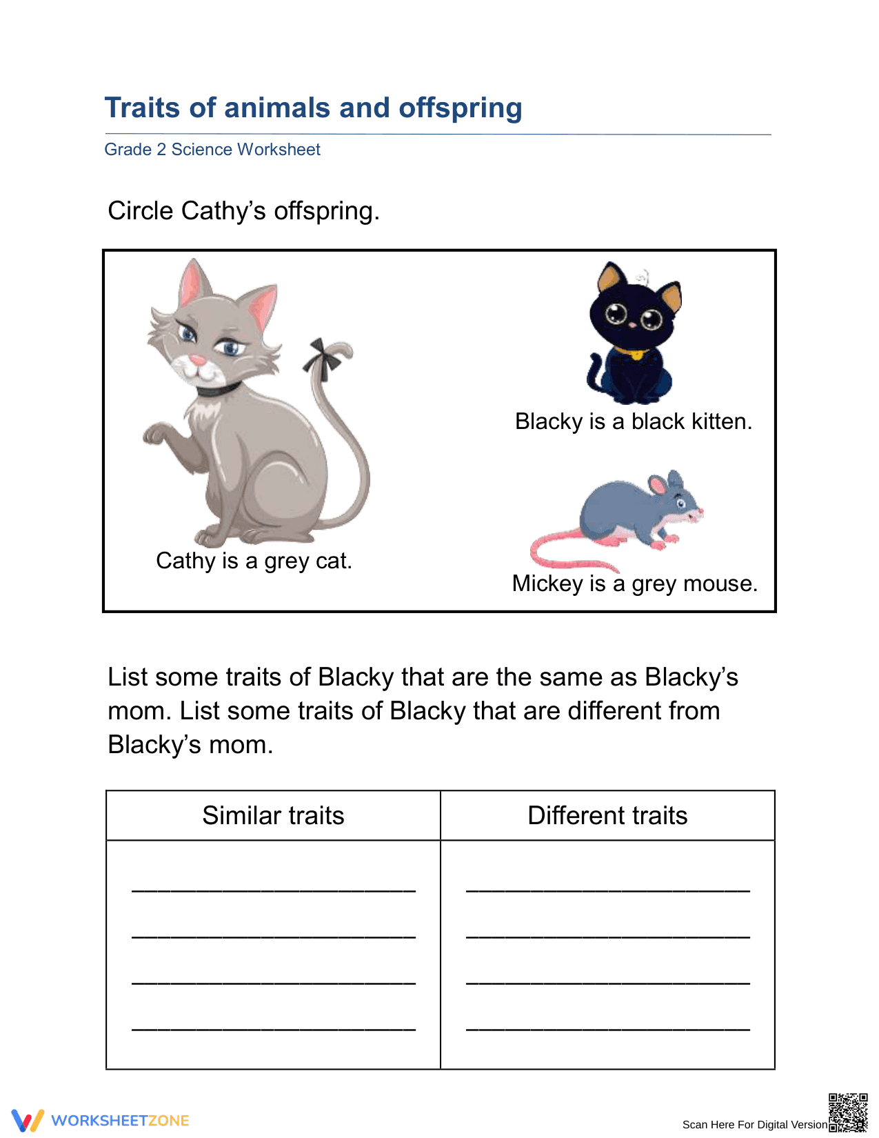 Essential Grade 2 Traits of Animals and Offspring Worksheet - Page 1