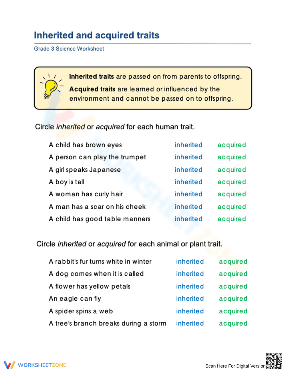 Grade 1 Inherited Traits — Printable No-Prep Worksheet - Page 1
