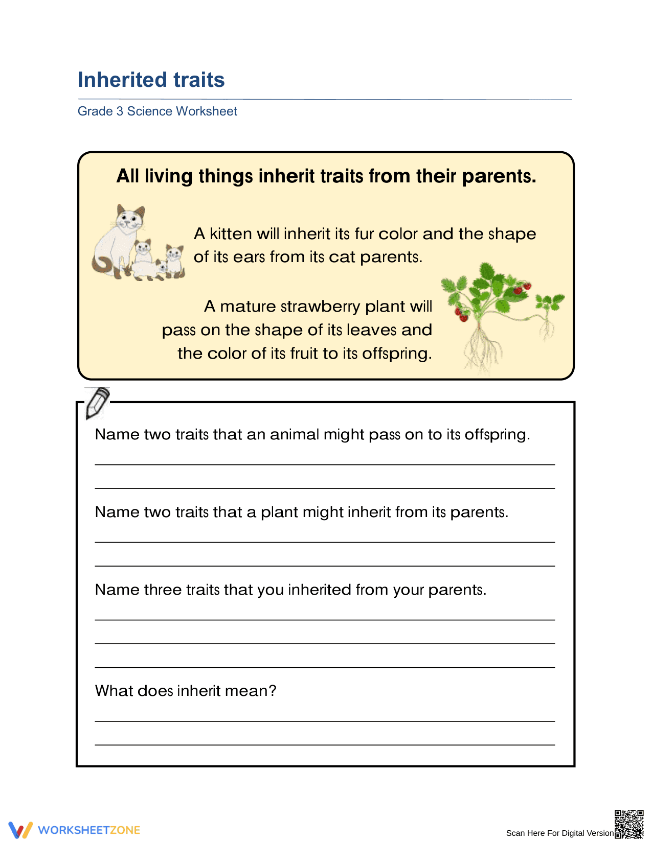Essential Inherited Traits Worksheet | Grade 3 Science - Page 1