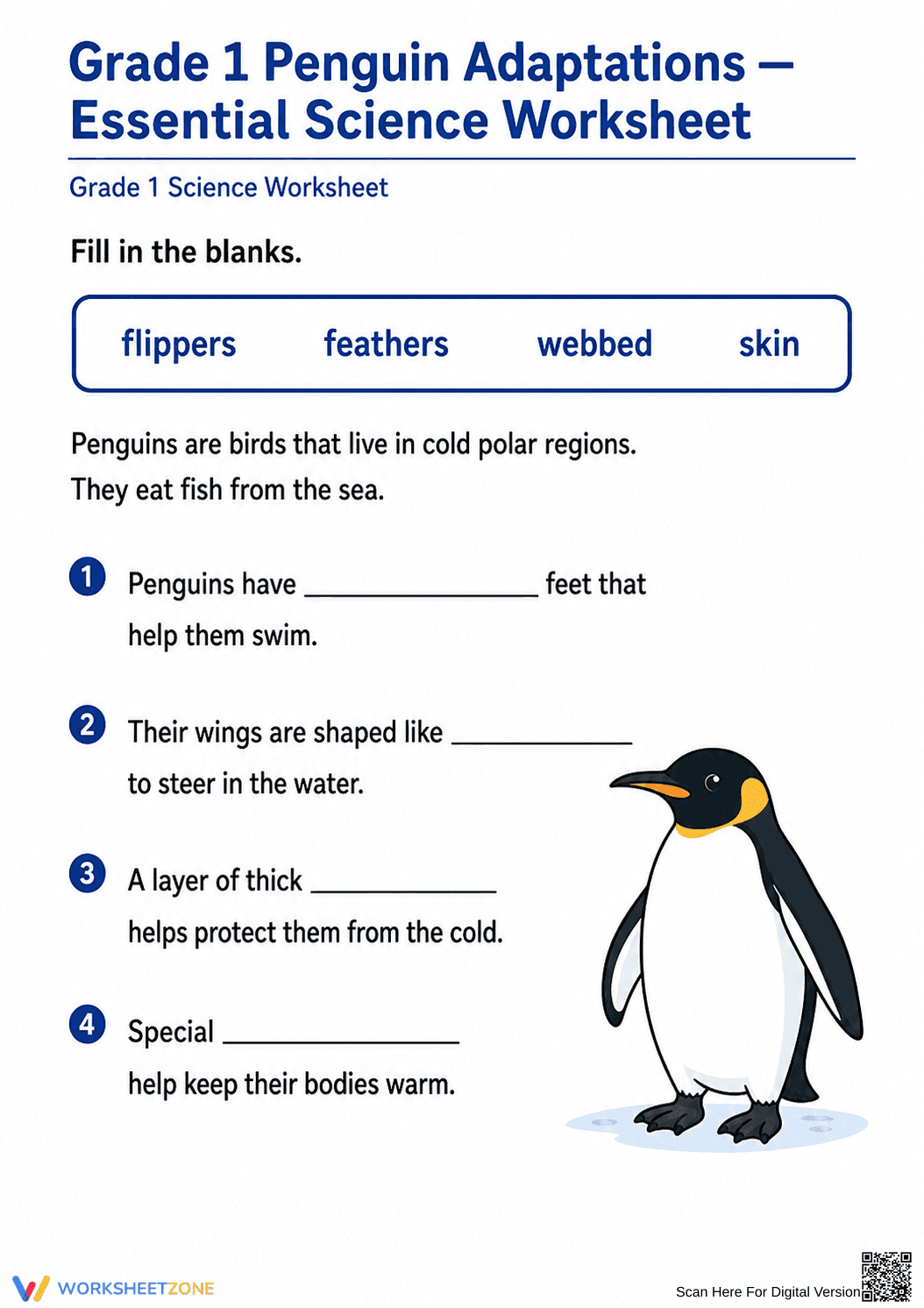 Grade 1 Penguin Adaptations — Printable No-Prep Worksheet - Page 1