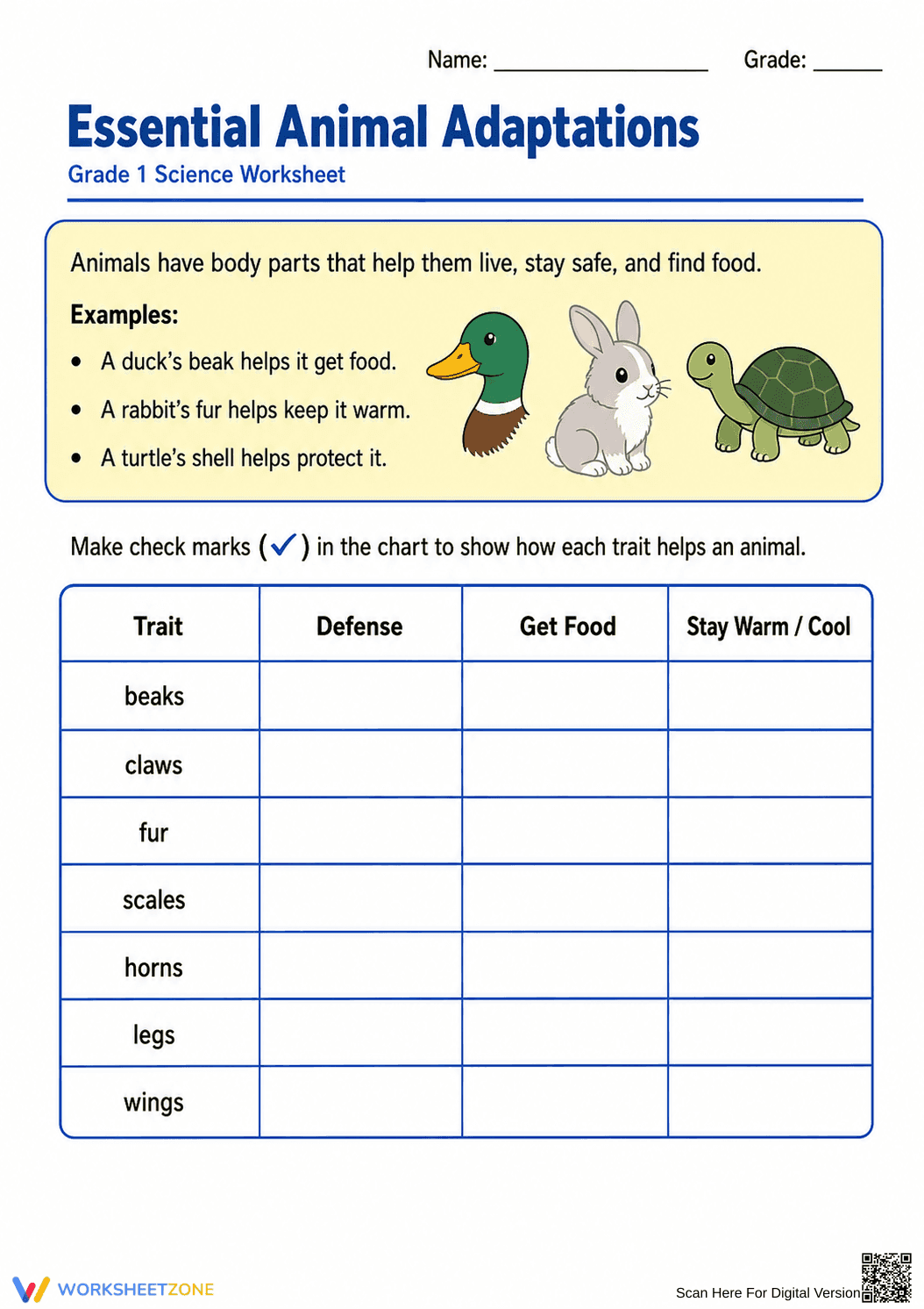 Grade 1 Animal Adaptations — Printable No-Prep Worksheet - Page 1
