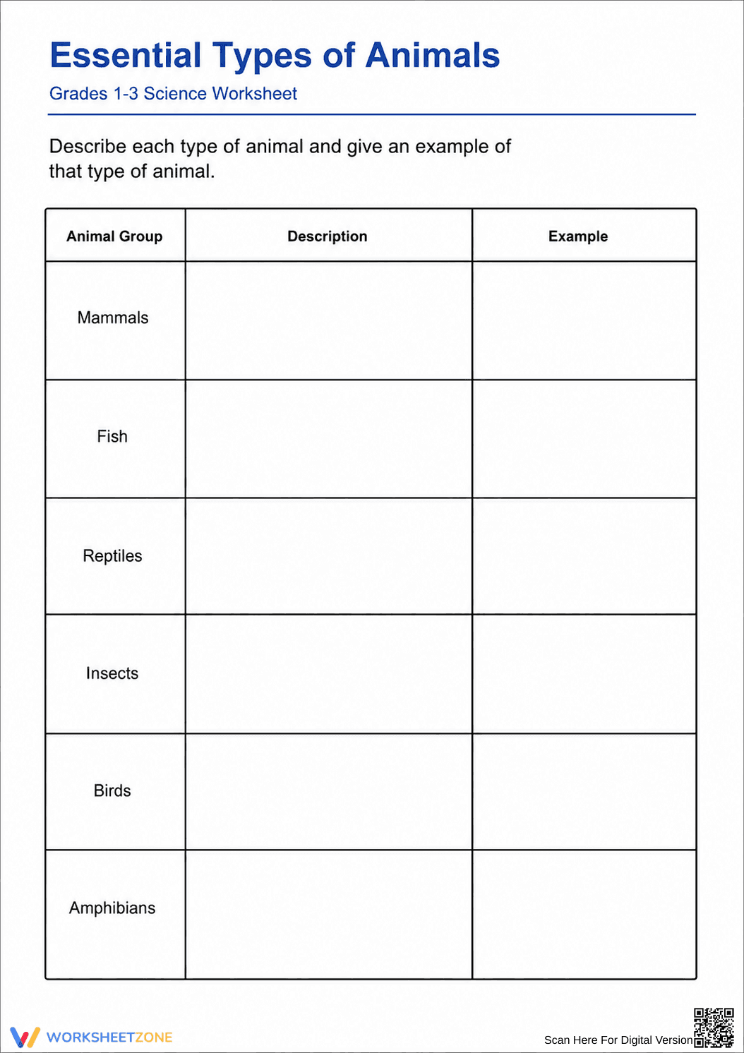 Grades 1-3 Animal Types — Printable No-Prep Worksheet - Page 1