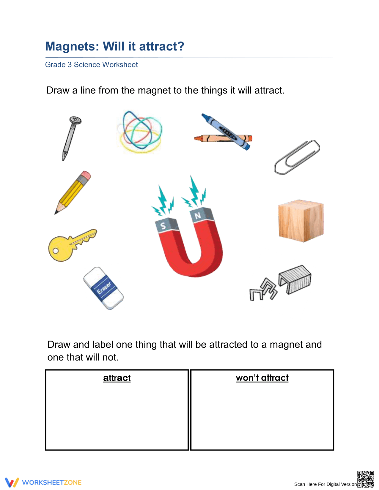 Magnets: Will it Attract? Printable Grade 3 Worksheet - Page 1