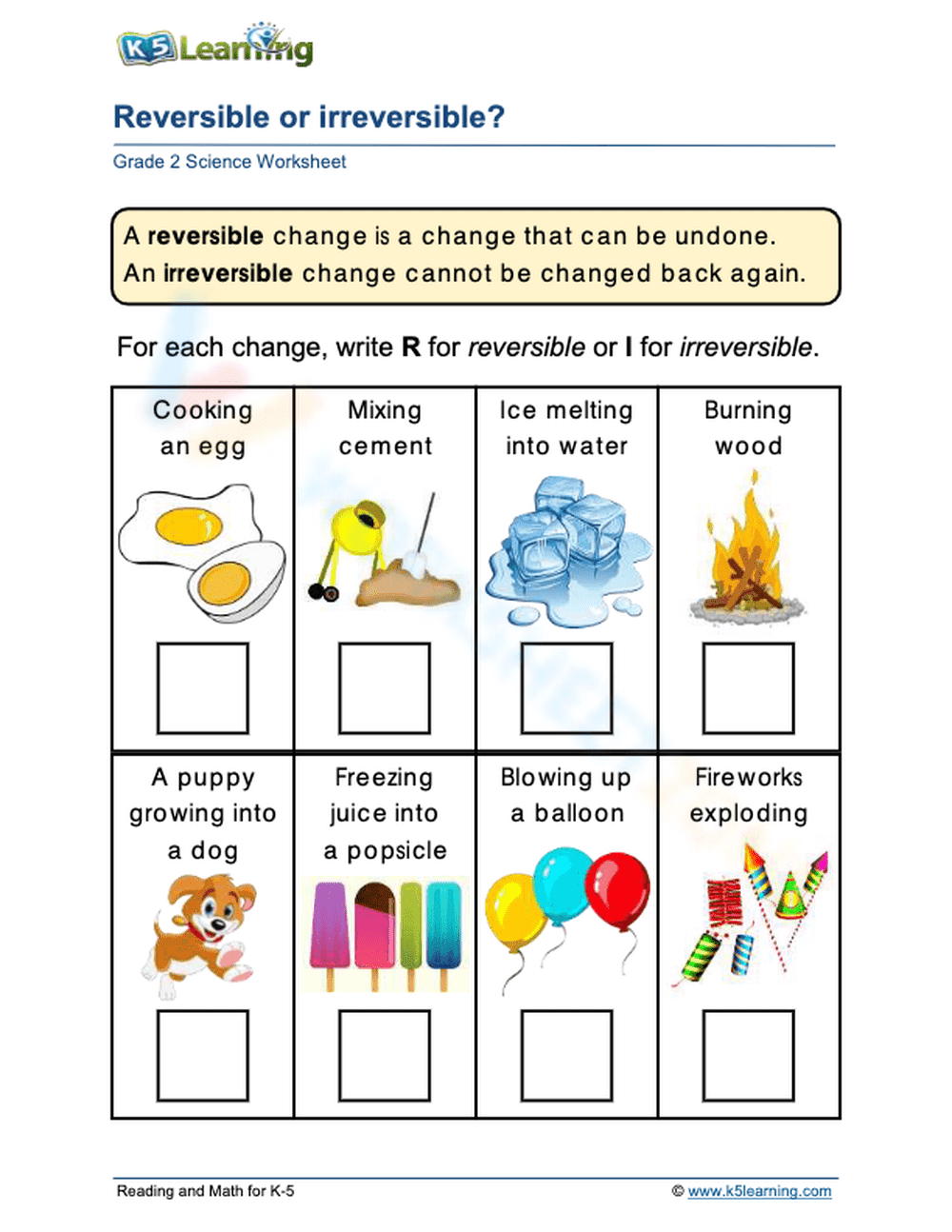 Grade 2 Reversible Changes — Printable No-Prep Worksheet - Page 1