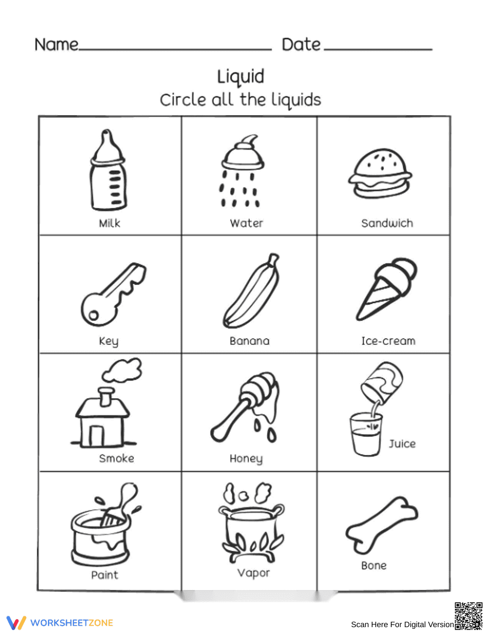 Identifying Liquids: Essential Kindergarten Worksheet - Page 1