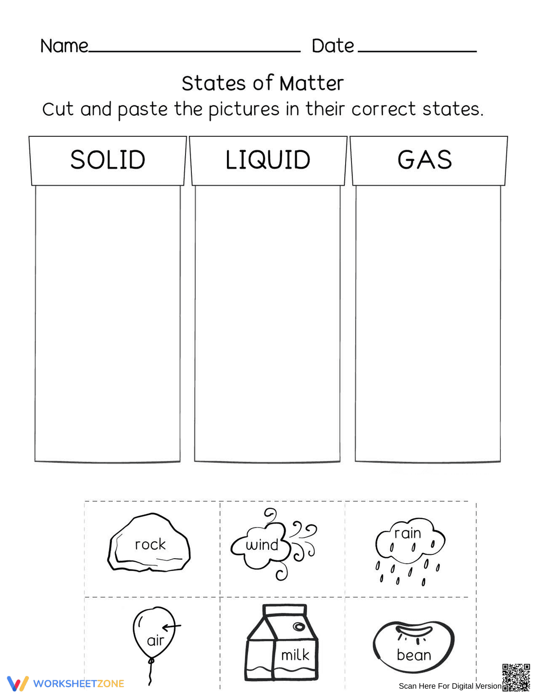 Solid, Liquid, Gas Sorting Activity for Kids - Page 1