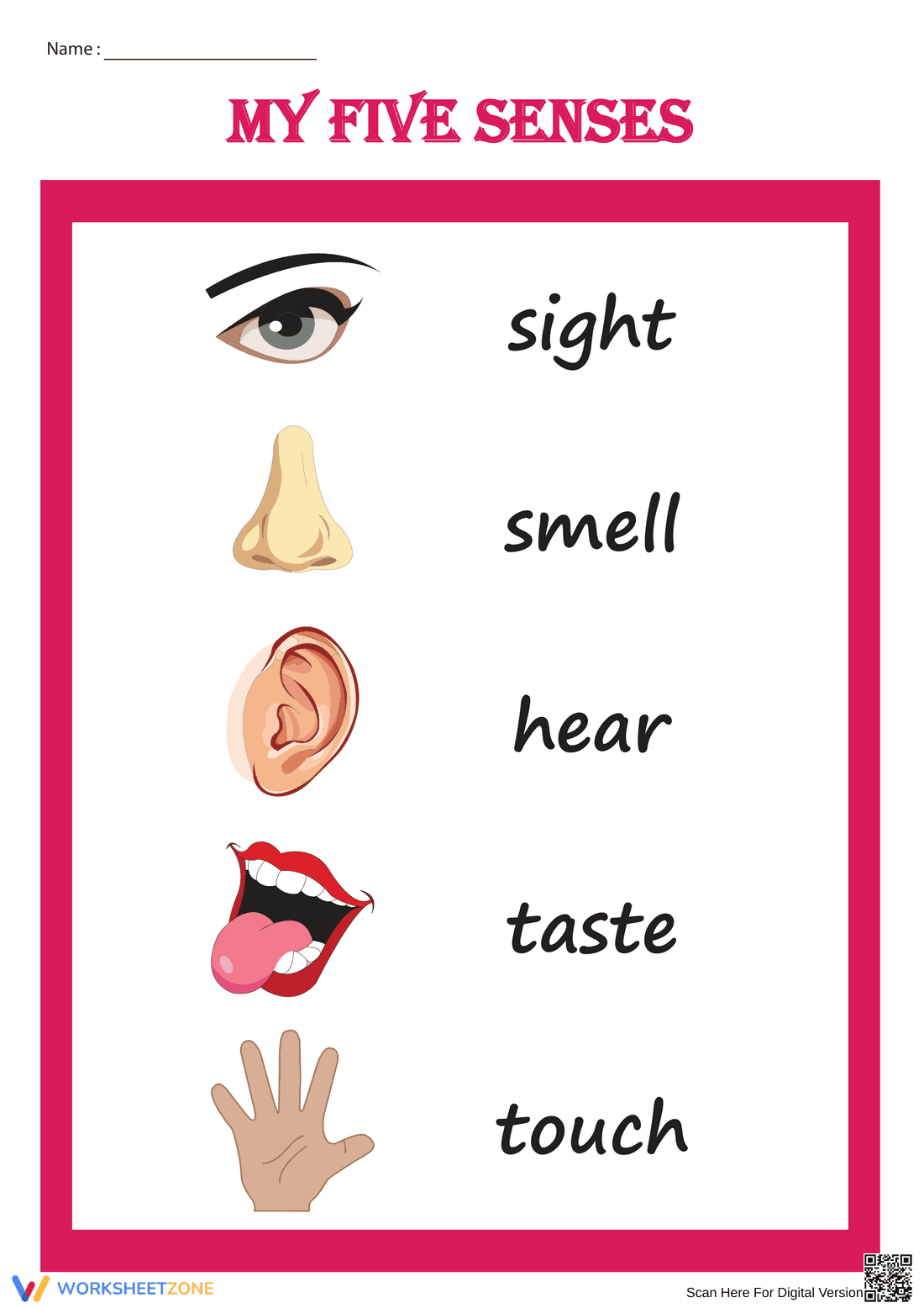 Printable Five Senses Chart | Grade K Science - Page 1