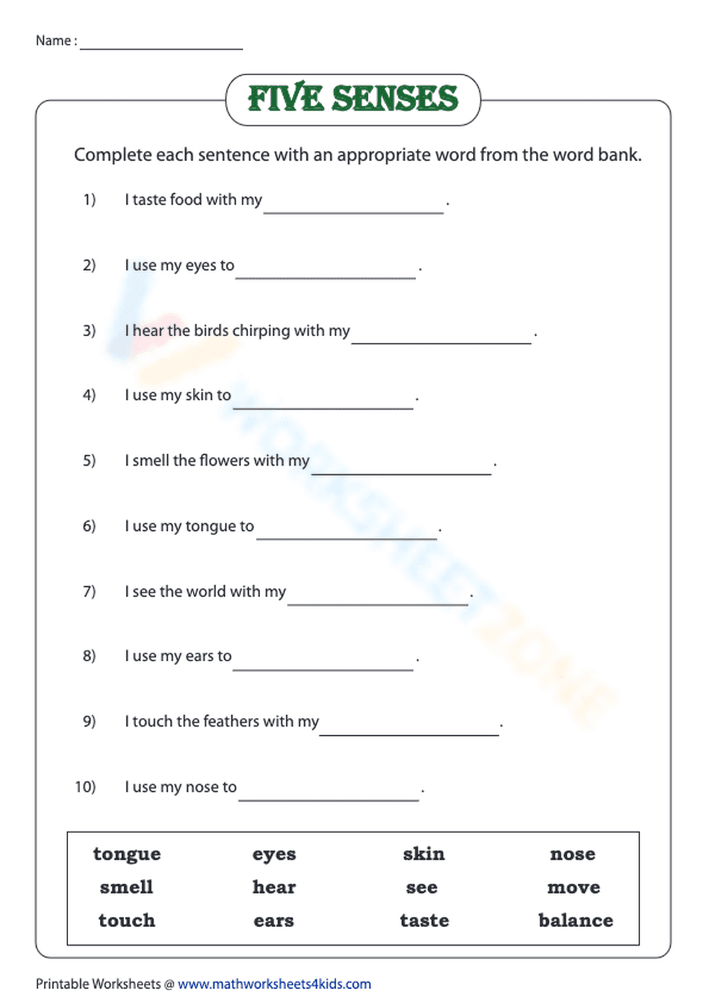 Five Senses Worksheet | Printable Kindergarten Science - Page 1