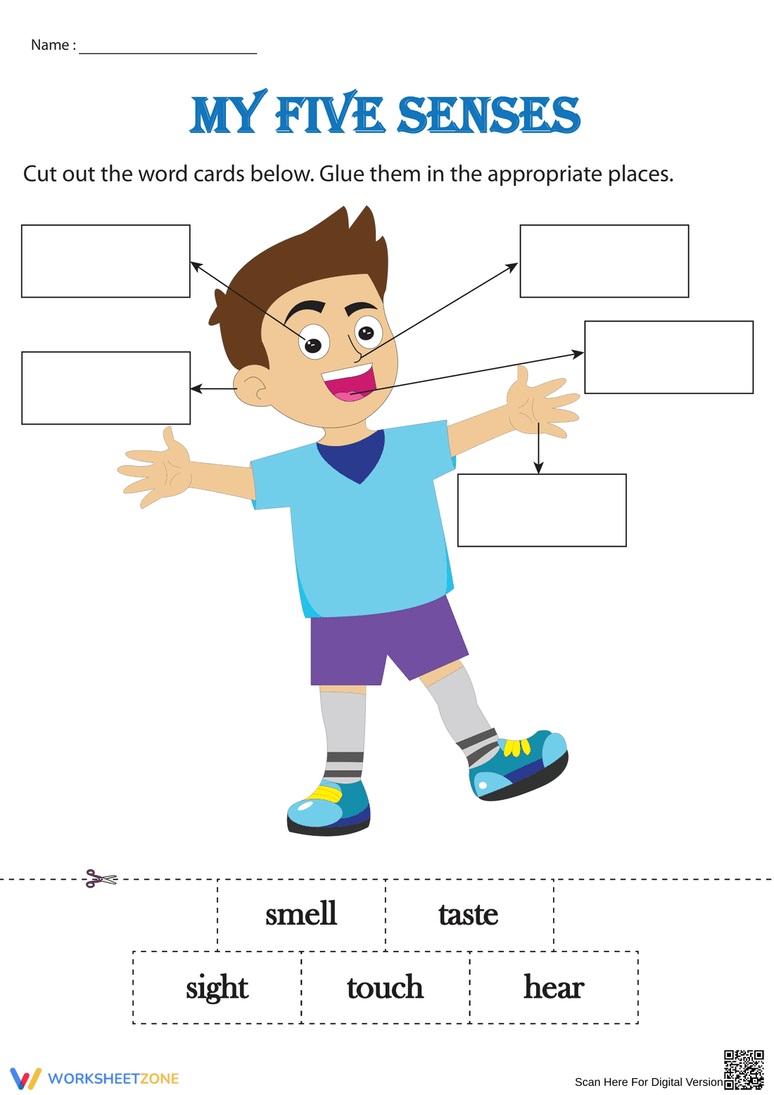 Printable Five Senses Cut and Paste Worksheet | Grade K-2 - Page 1