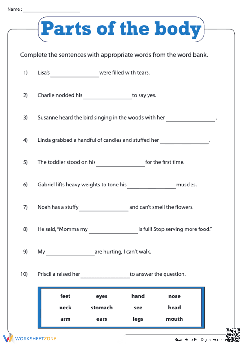 Grade K Body Parts — Printable No-Prep Worksheet - Page 1